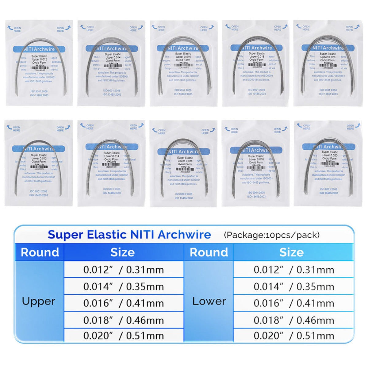 5Packs Archwire NiTi Super Elastic Ovoid Round 0.012-0.020 Upper/Lower 10pcs/Pack - pairaydental.com