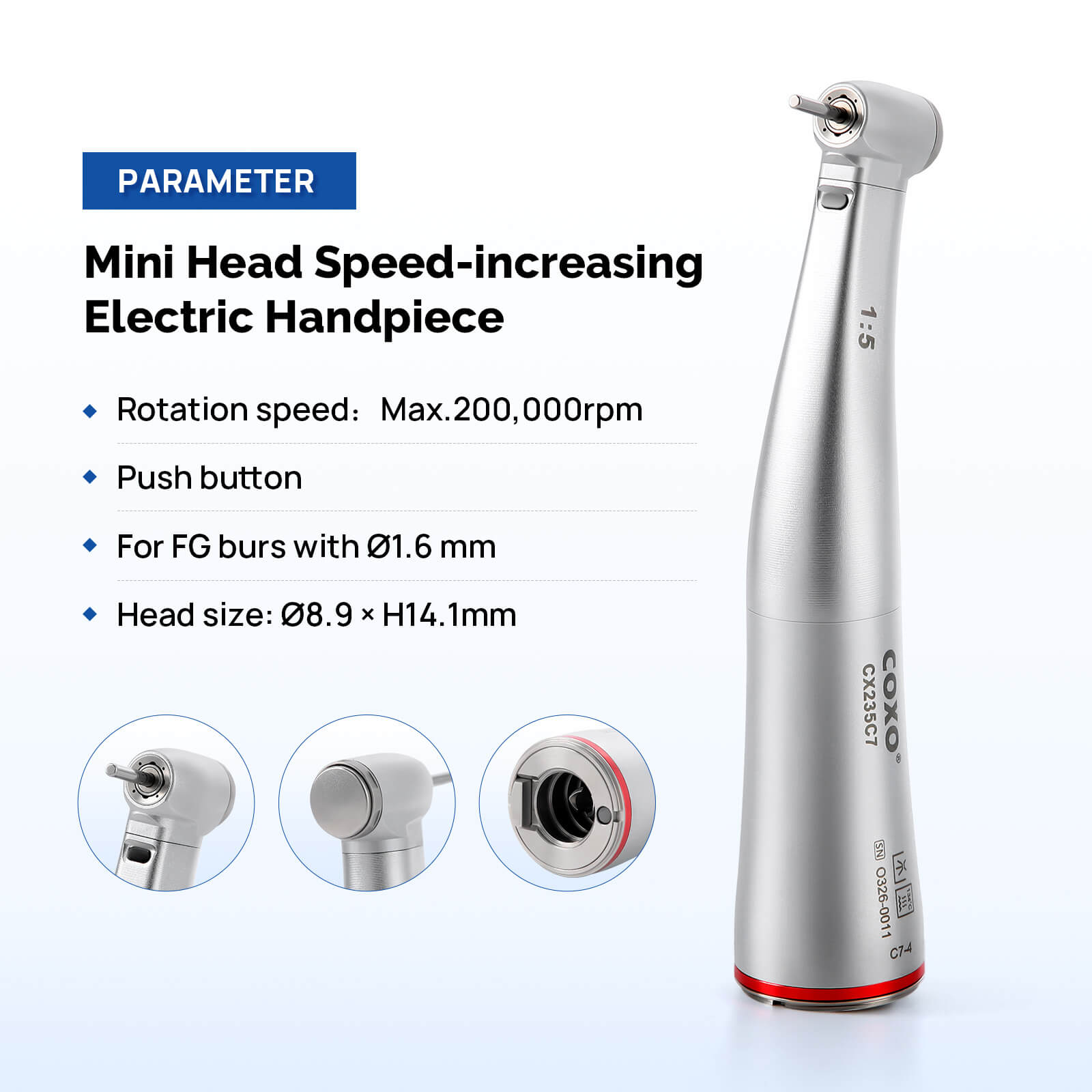 COXO CX235C7 1:5 Electric Fiber Optic Contra Angle Handpiece Mini Head Inner Channel #C7-4 - pairaydental.com/