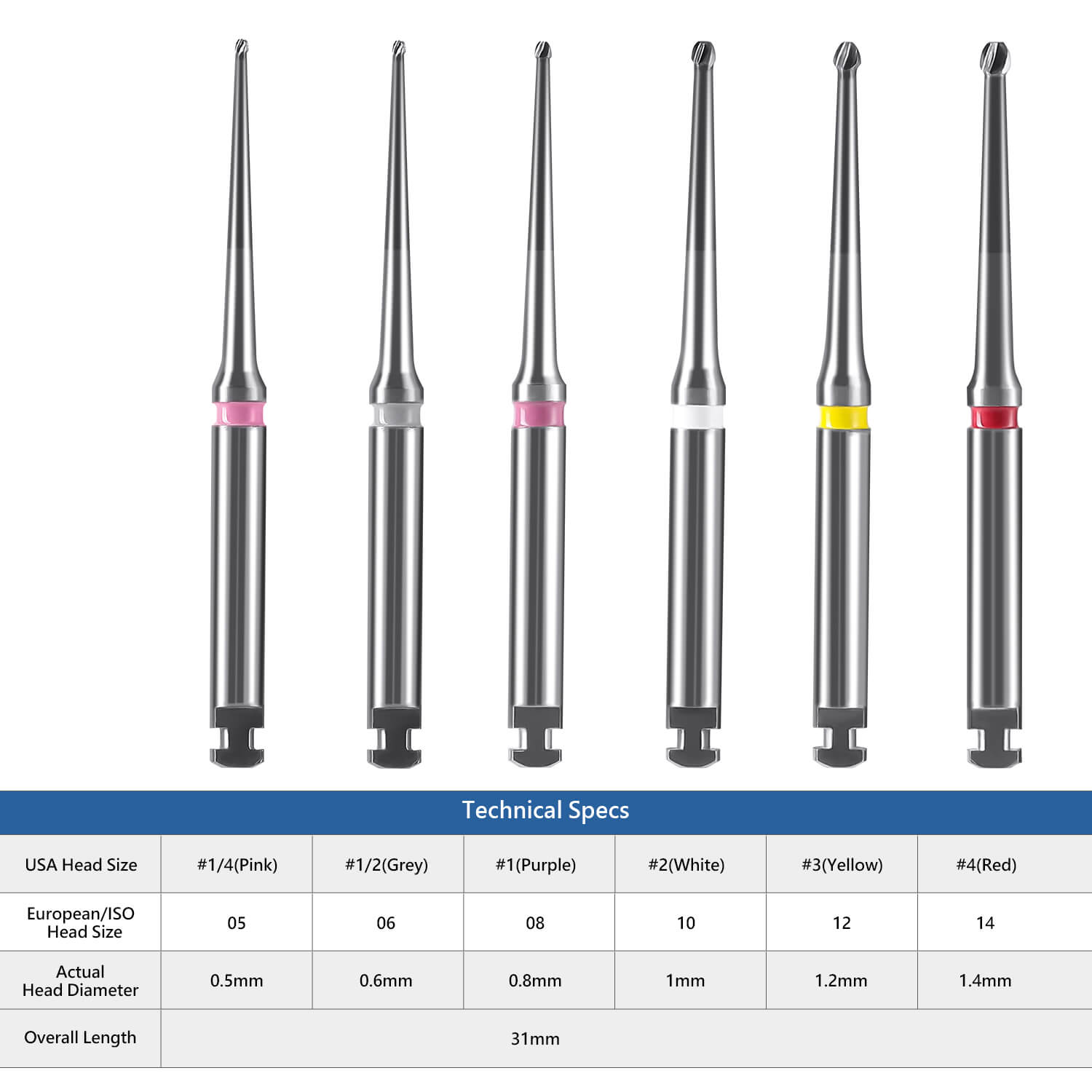 Dental Minimal Invasive Endodontic Carbide Burs Long Neck RA Round 31mm/34mm 6pcs/Pack - pairaydental.com