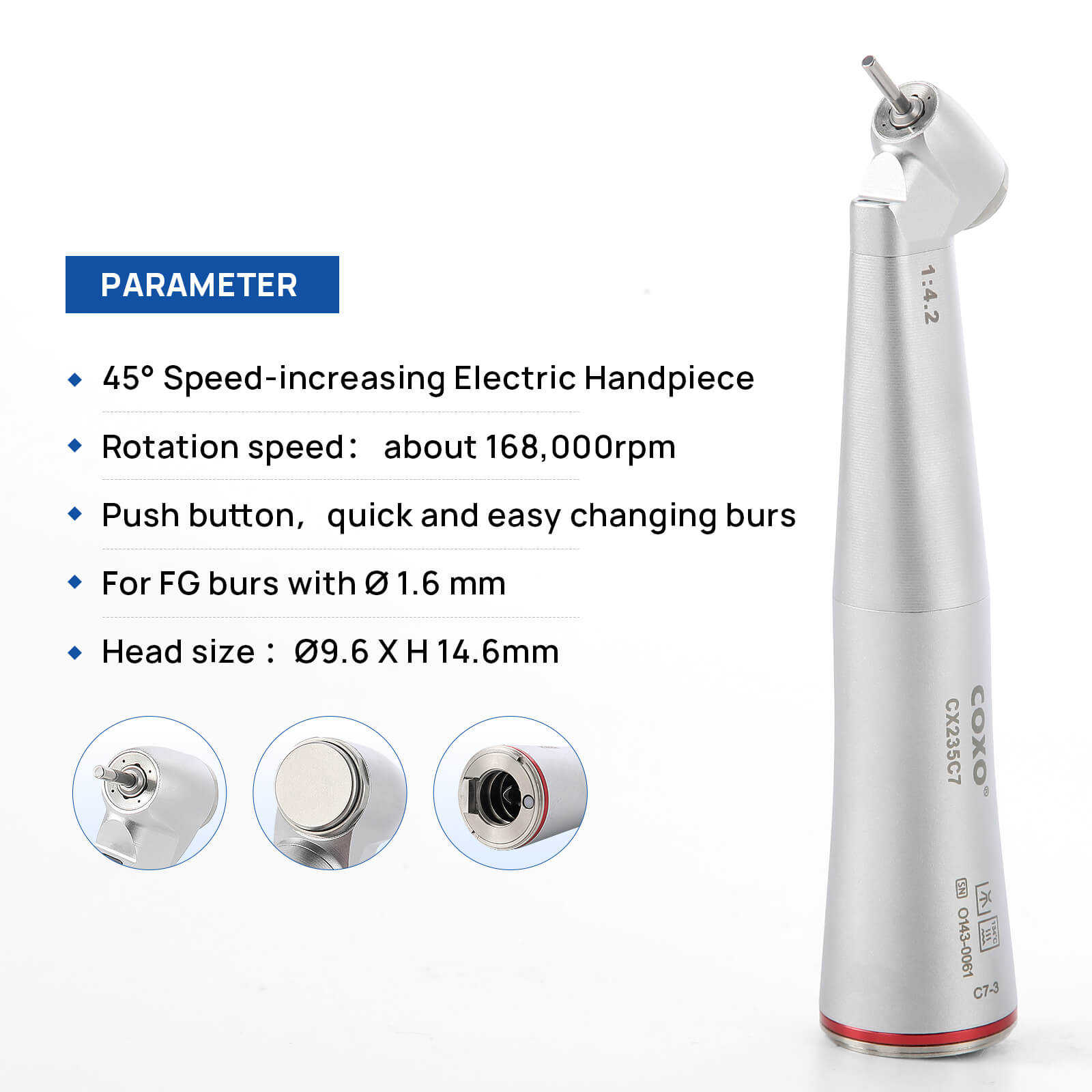 COXO CX235C7 45° Electric Handpiece 1:4.2 Contra Angle Fiber Optic Internal Water #C7-3 - pairaydental.com