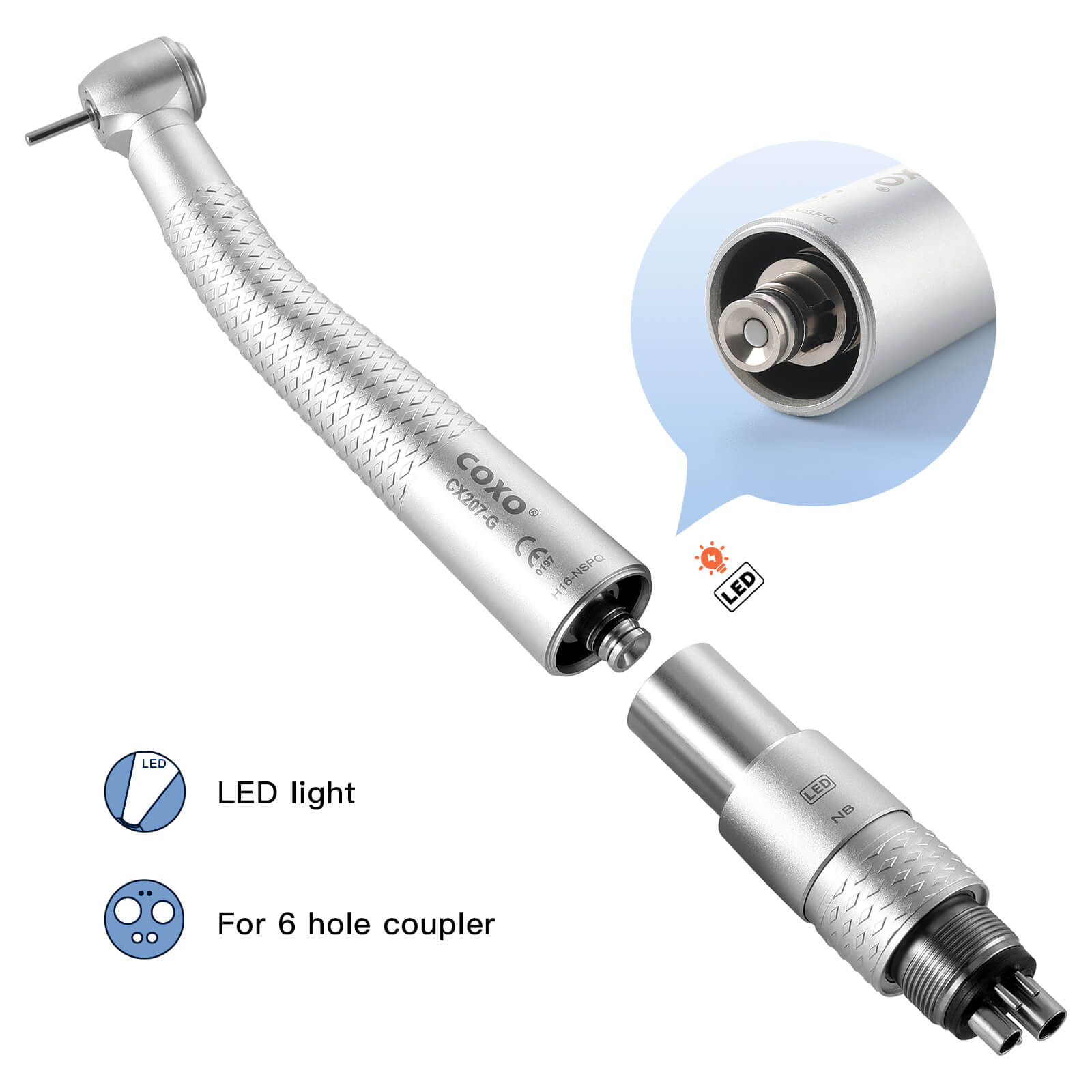 COXO CX207-G High Speed Air Turbine Handpiece Fiber Optic & 6 Holes LED Quick Coupler - pairaydental.com