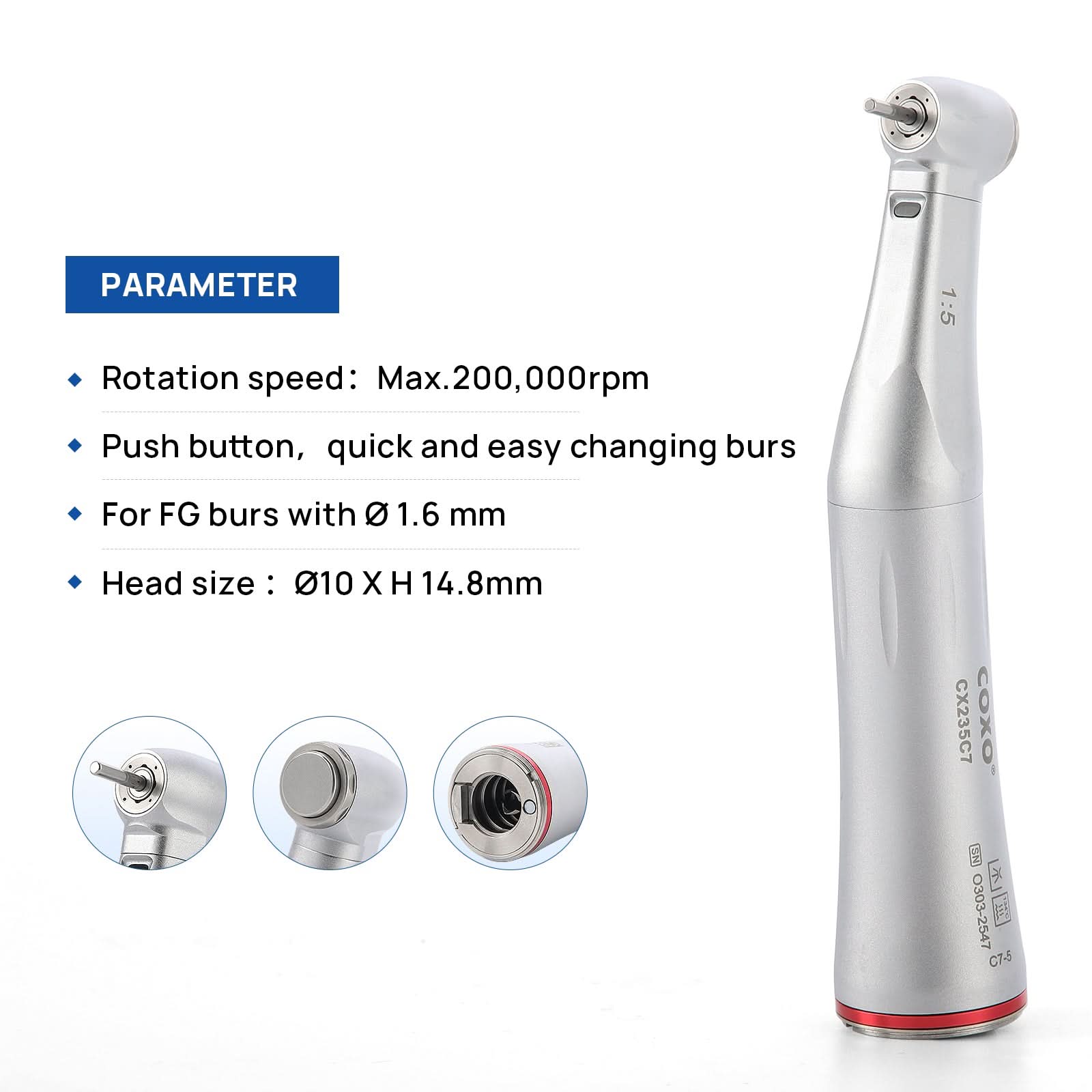 COXO CX235C7 1:5 Electric Fiber Optic Contra Angle Handpiece Standard Head Inner Channel #C7-5 - pairaydental.com