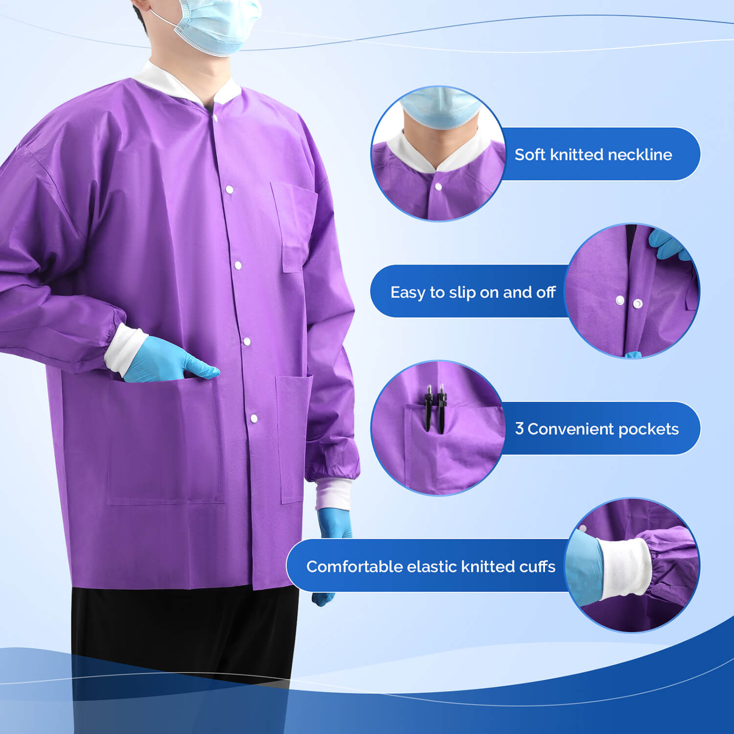 Disposable Lab Jacket with Knit Cuffs & Collar 3 Pocket SMS S/M/L - pairaydental.com