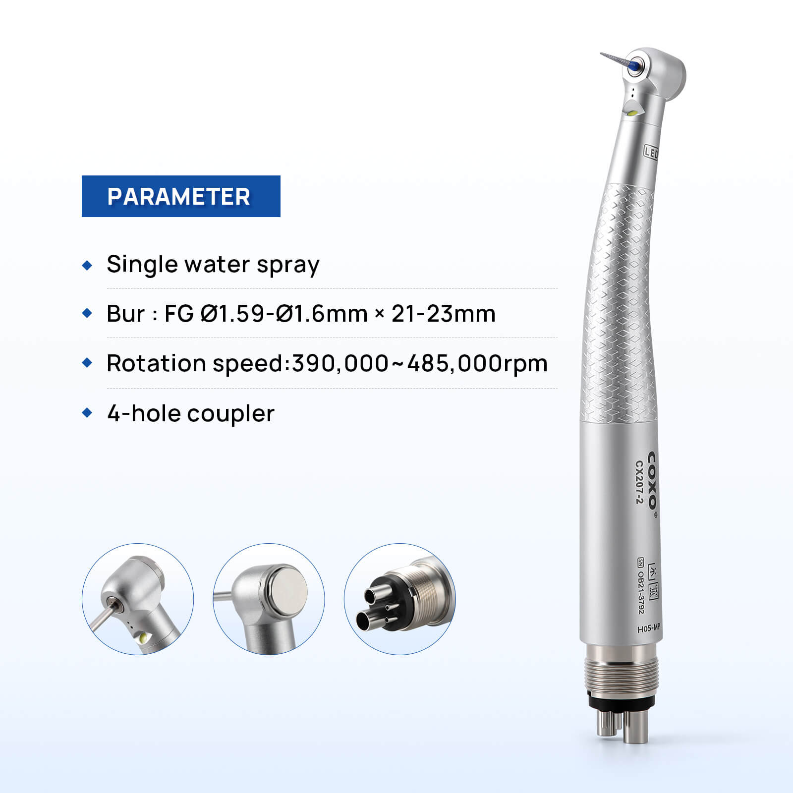 COXO CX207-2 LED High-speed Air Turbine Handpiece with Generator Mini Head 4 Holes Coupler #H05-MP4 - pairaydental.com