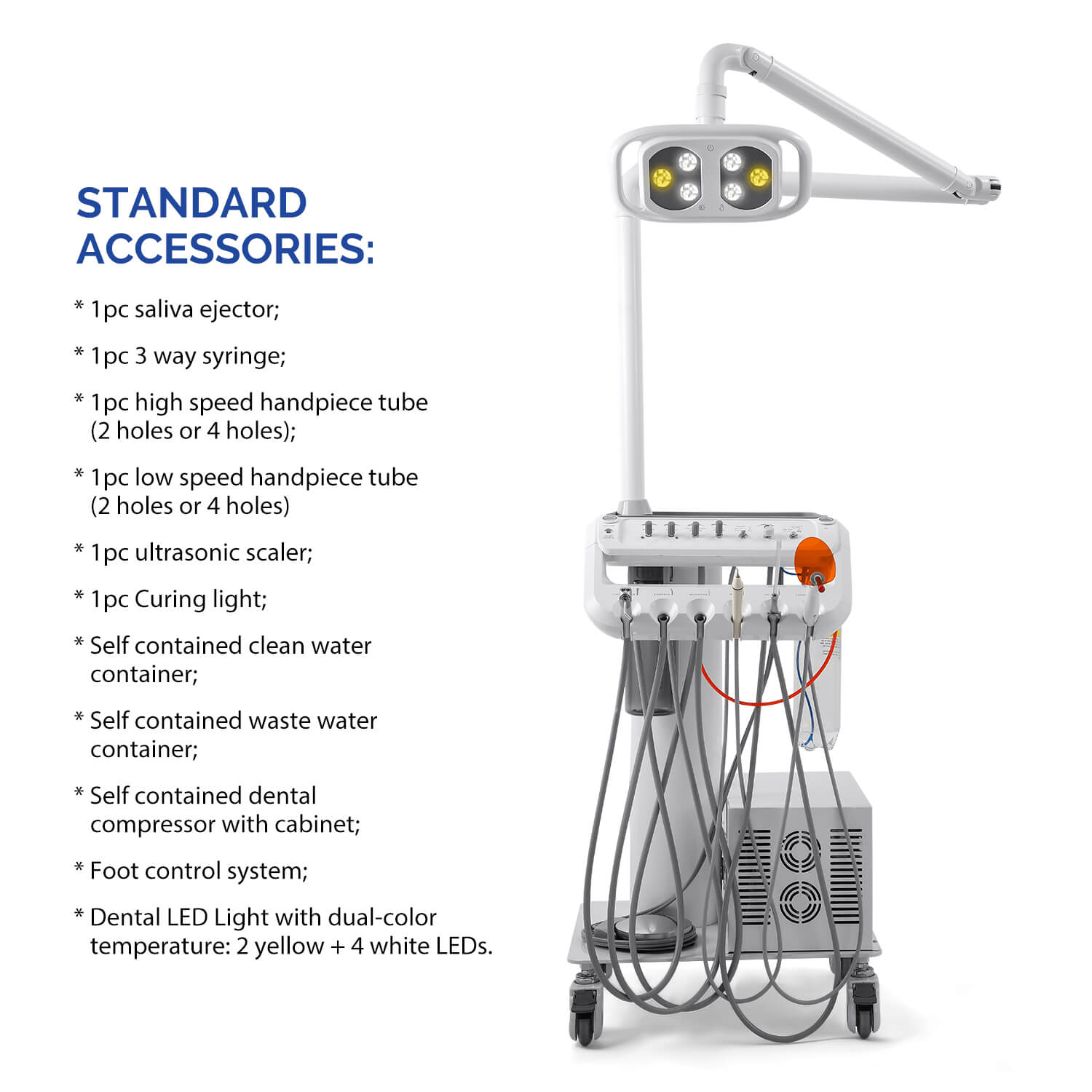 Portable Mobile Dental Cart with T6 LED Lamp & Integrated Compressor 4-Hole Built-in Woodpecker Scaler & Curing Light - pairaydental.com