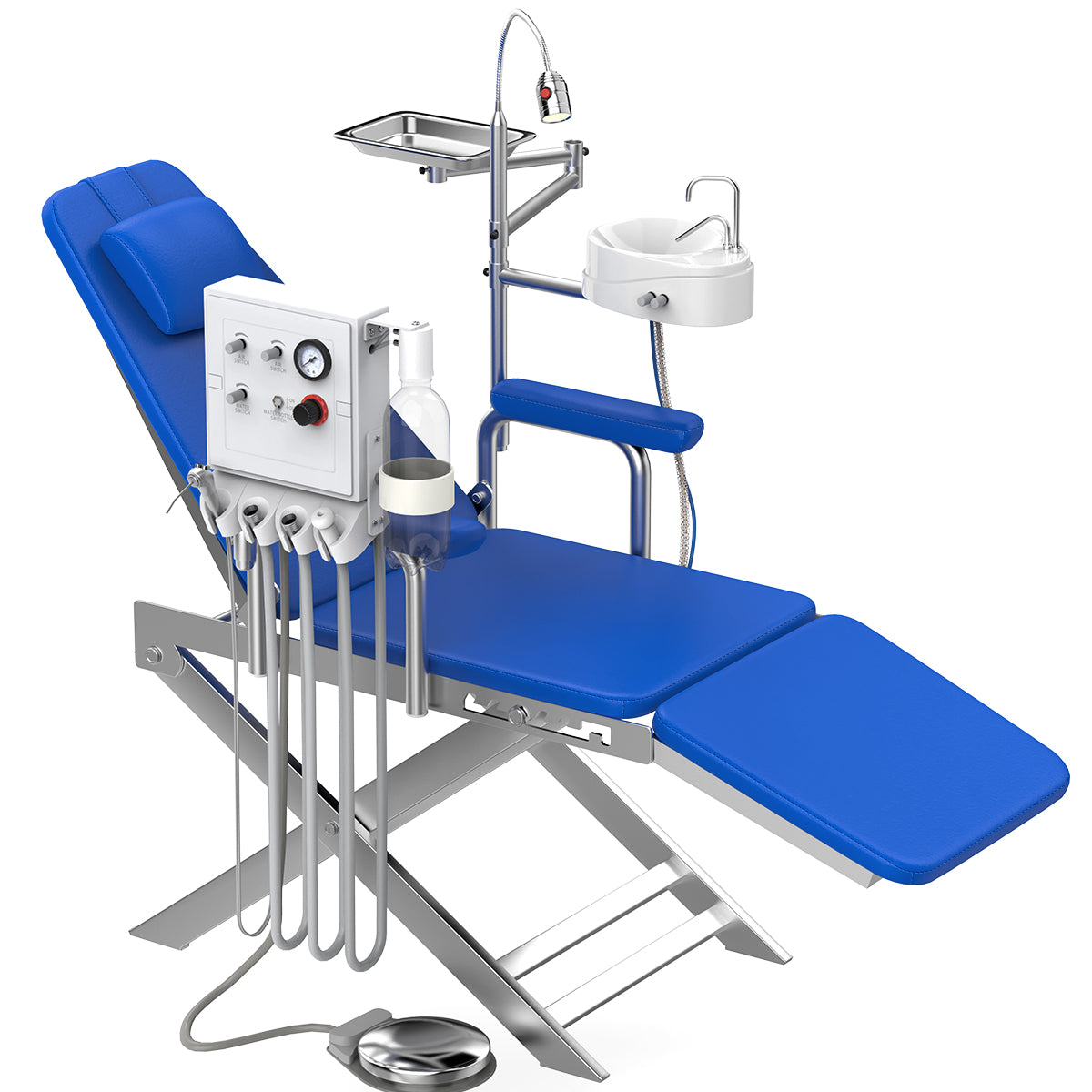 4 Holes Dental Portable Folding Chair LED Light & Rotatable Spittoon with Air Turbine Unit Blue - pairaydental.com