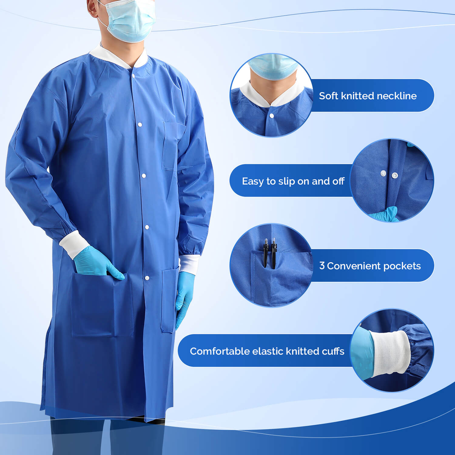 Disposable Lab Coat knee length wth 3 Pockets for Medical Dental Hospital Blue - pairaydental.com