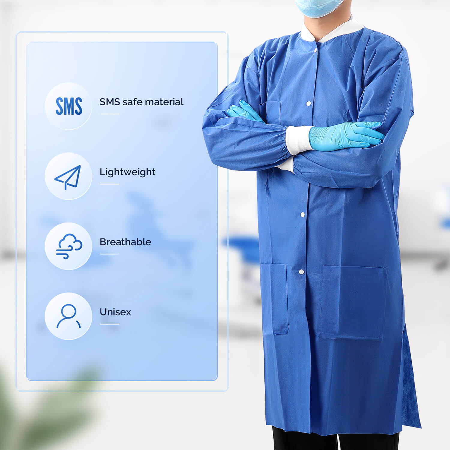 Disposable Lab Coat knee length wth 3 Pockets for Medical Dental Hospital Blue - pairaydental.com