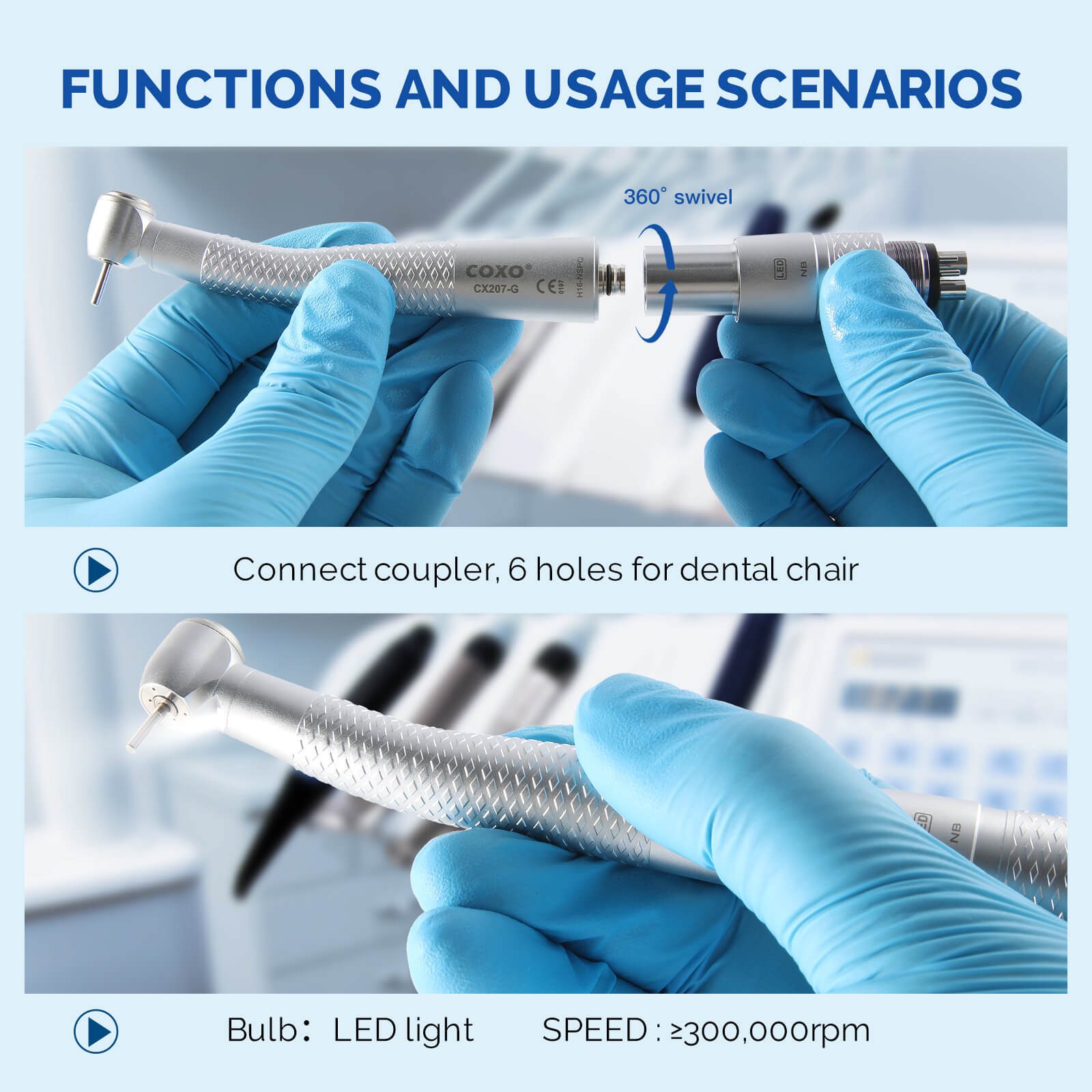 COXO CX207-G High Speed Air Turbine Handpiece Fiber Optic & 6 Holes LED Quick Coupler - pairaydental.com