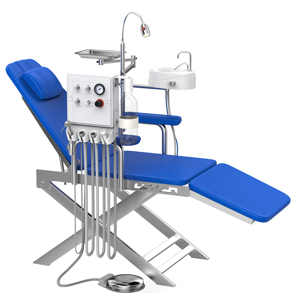 4 Holes Dental Portable Folding Chair LED Light & Rotatable Spittoon with Air Turbine Unit Blue - pairaydental.com