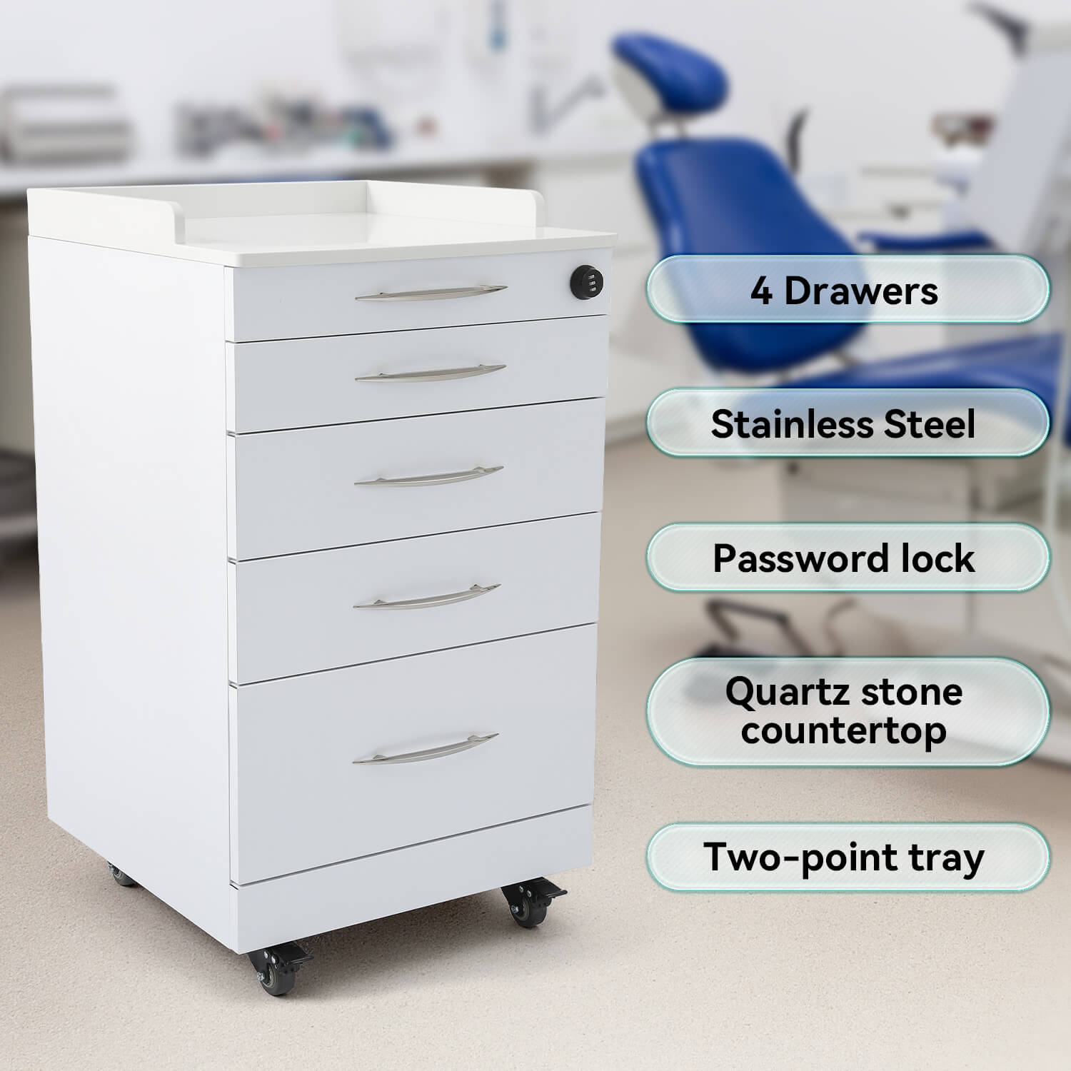Dental Mobile Cabinet Cart Quartz Countertop and Stainless Steel Four-Drawer - pairaydental.com
