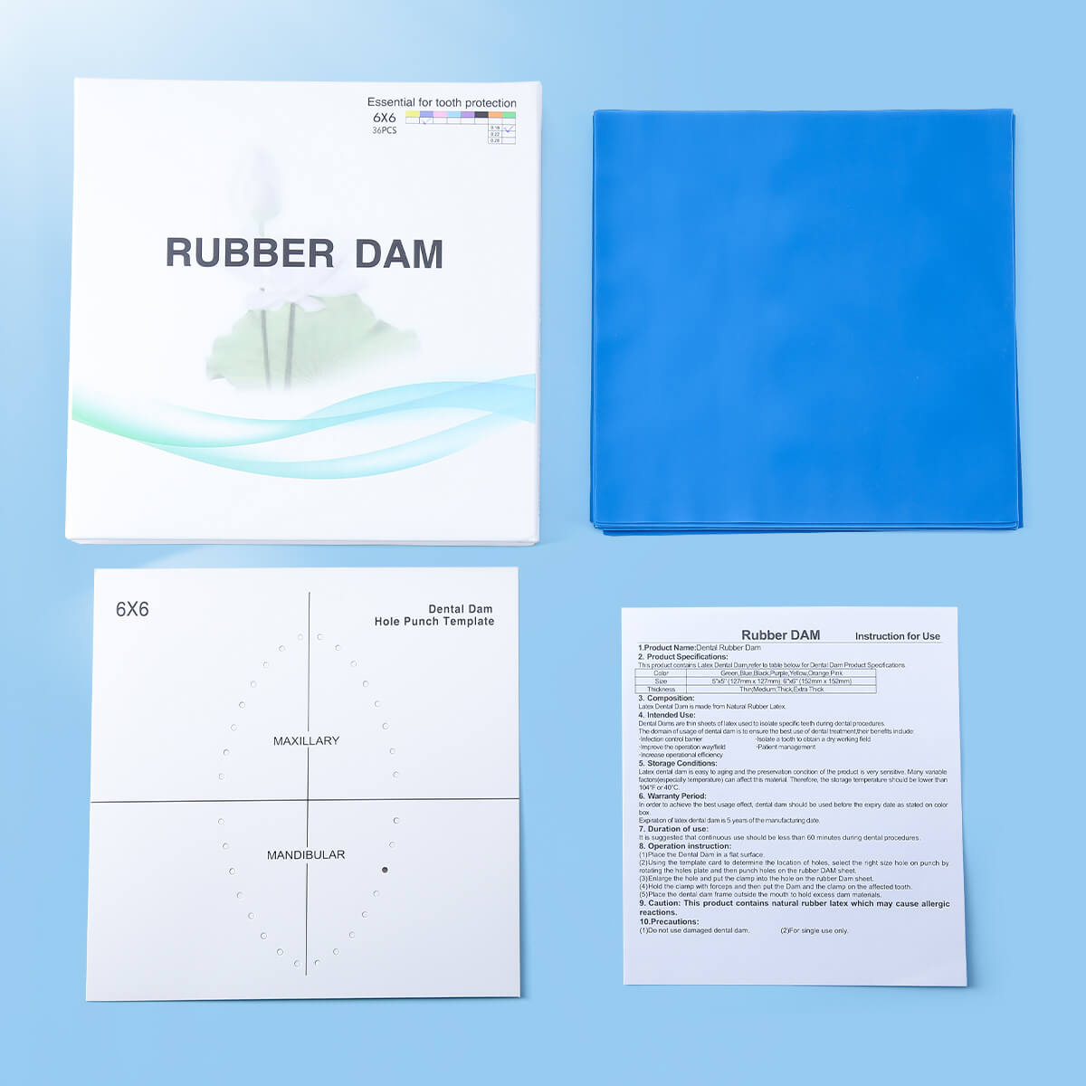 Dental Rubber Dams Natural Latex with Punch Positioning Board 6"x6" Blue Medium Gauge 36Pcs/Box - pairaydental.com