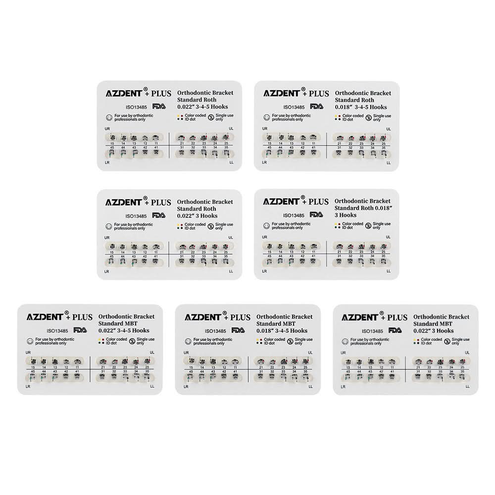 AZDENT PLUS Orthodontic Brackets Standard Roth/MBT 0.022"/0.018" with 3/3-4-5 Hooks - pairaydental.com