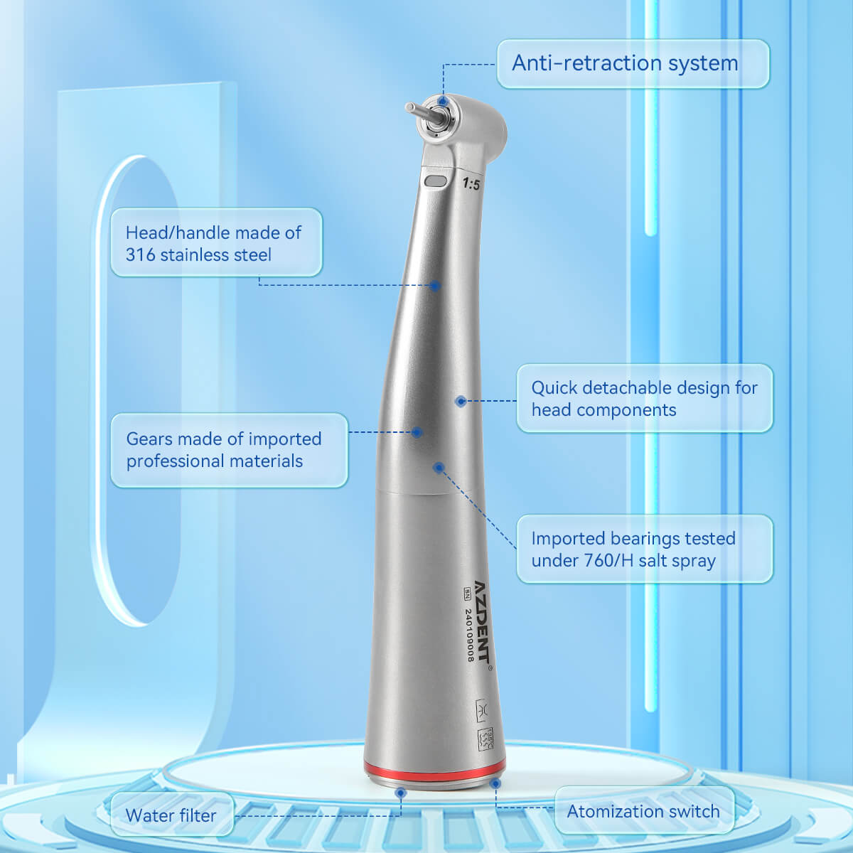 Dental Mini 1:5 Fiber Optic Increase Contra Angle Handpiece Internal Water Quattro Spray - pairaydental.com
