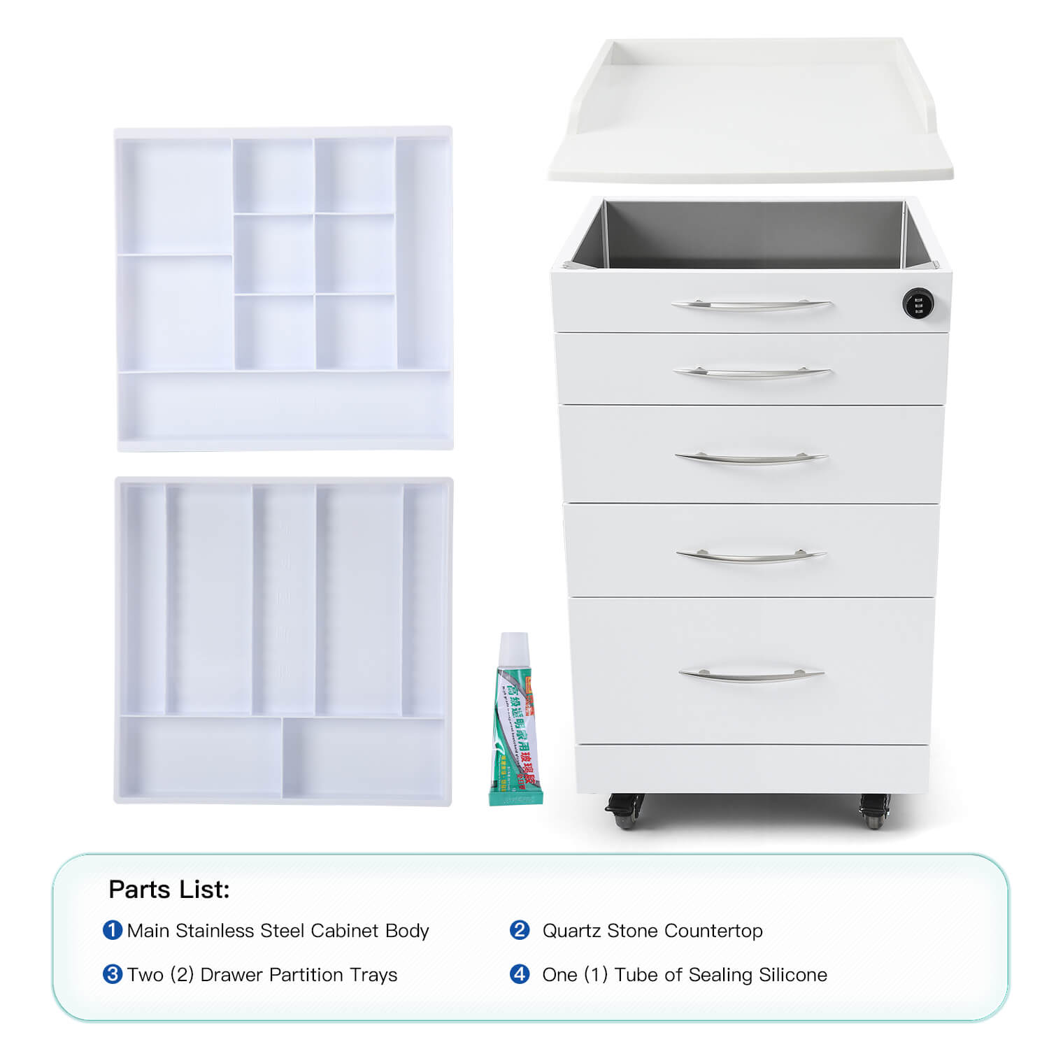 Dental Mobile Cabinet Cart Quartz Countertop and Stainless Steel Four-Drawer - pairaydental.com