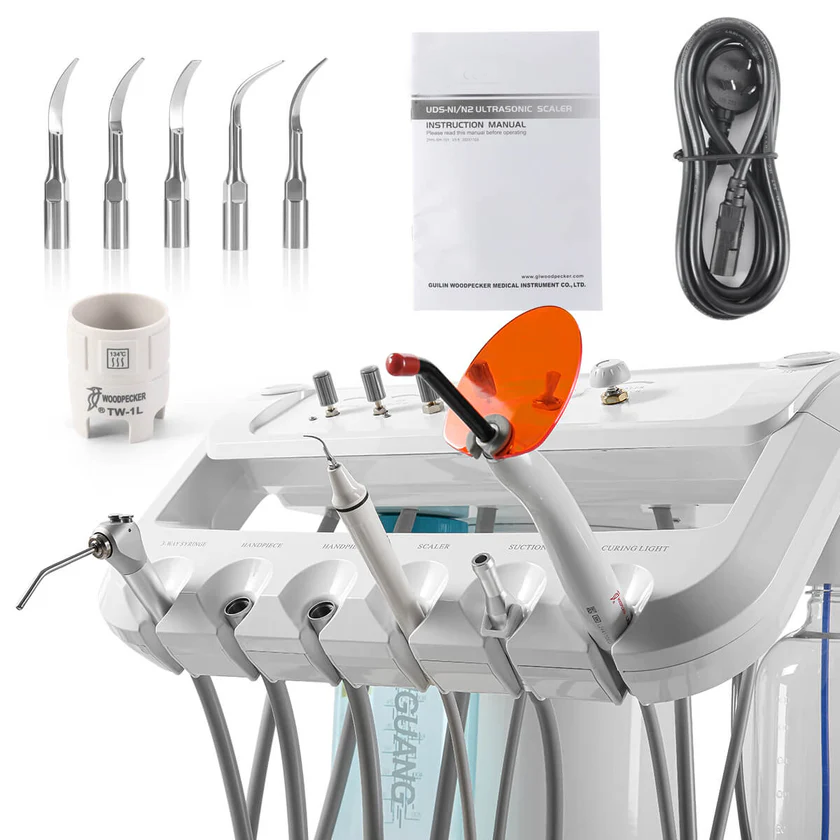 Dental Portable Delivery Unit Cart with Air Compressor Built-in Woodpecker Ultrasonic Scaler & Curing Light