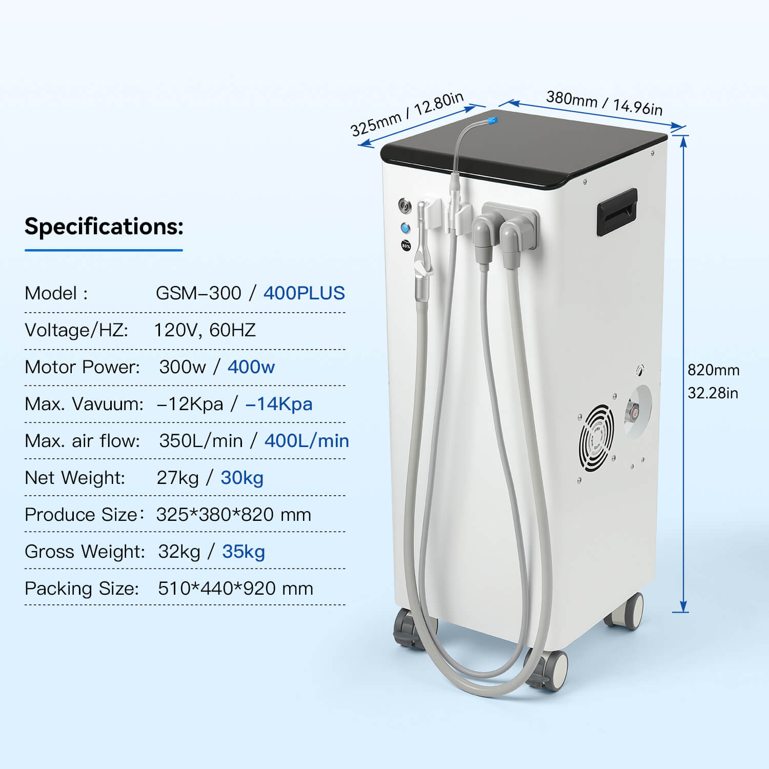 Mobile Dental Vacuum Suction Systems Unit GS-M400 Plus High Suction Pump - pairaydental.com