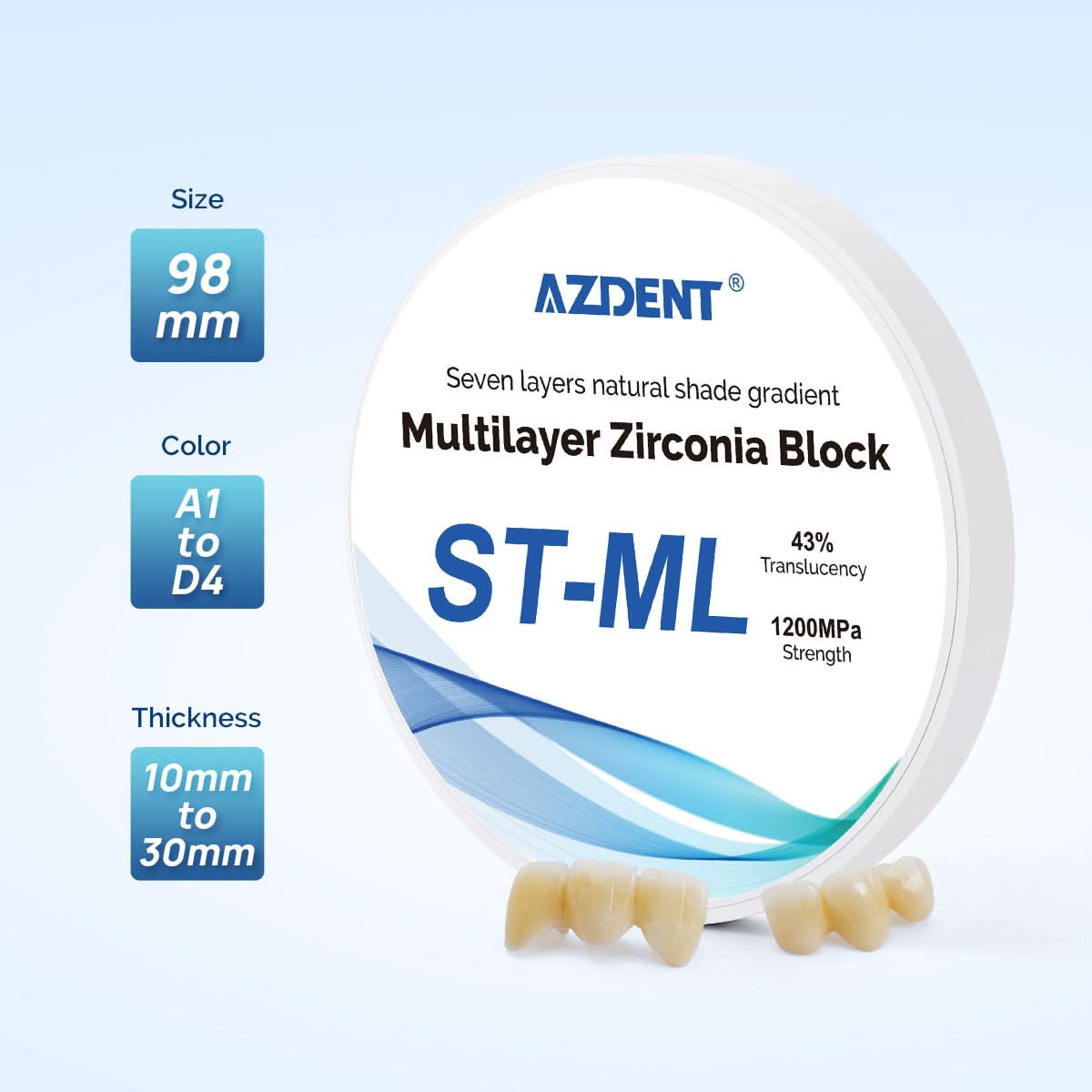 Dental ST-ML Multilayer Zirconia Block Super Translucent 98mm Seven Layers Natural Shade Gradient - pairaydental.com