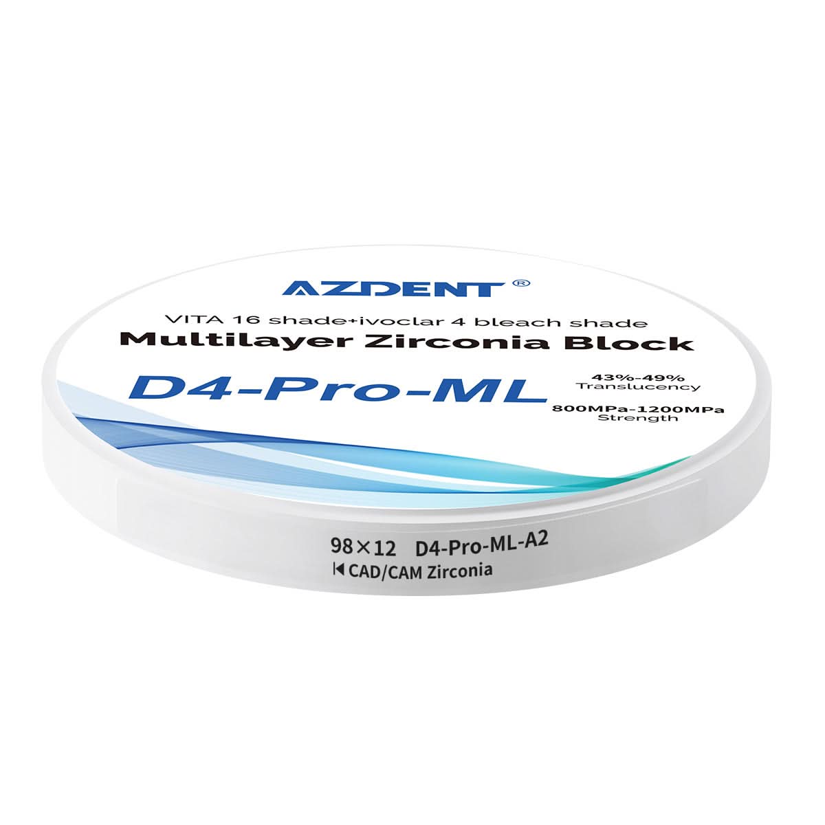 Dental D4-Pro-ML Multilayer Zirconia Block 98mm Five Layers Natural Shade Gradient A2 98*12mm - pairaydental.com
