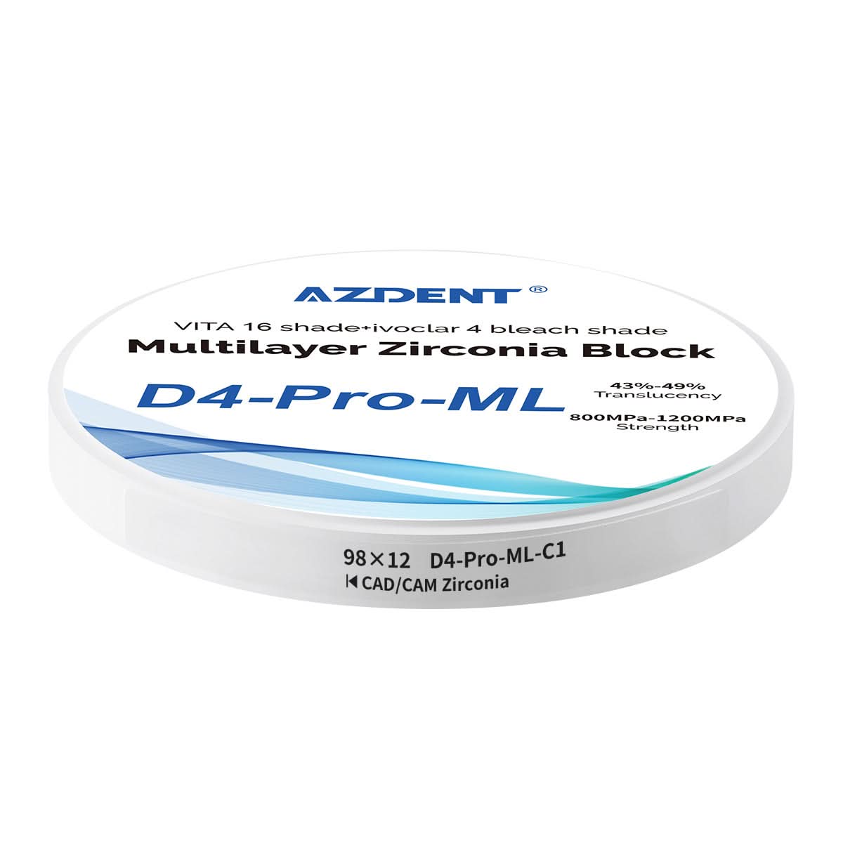 Dental D4-Pro-ML Multilayer Zirconia Block 98mm Five Layers Natural Shade Gradient C1 98*12mm - pairaydental.com