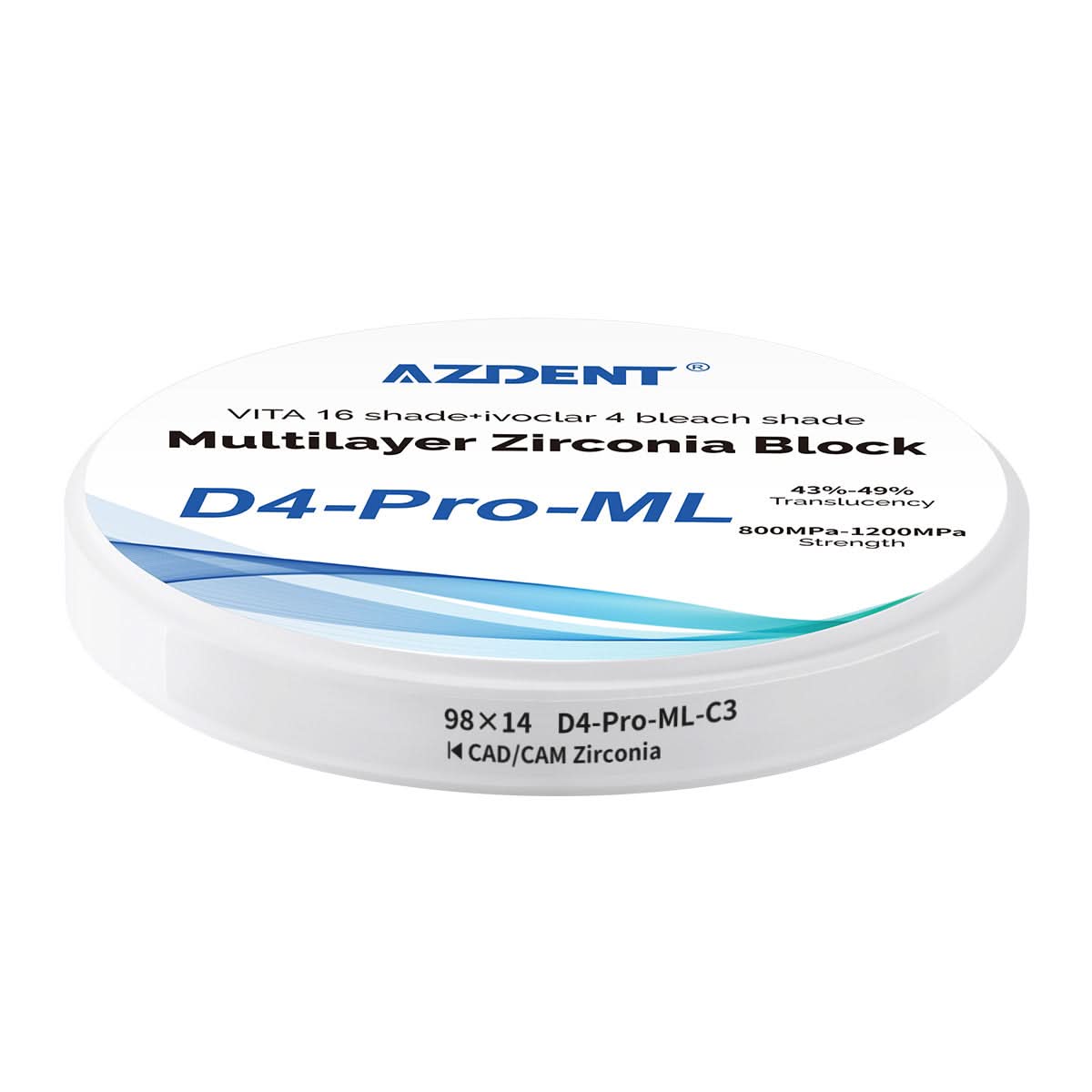 Dental D4-Pro-ML Multilayer Zirconia Block 98mm Five Layers Natural Shade Gradient C3 98*14mm - pairaydental.com
