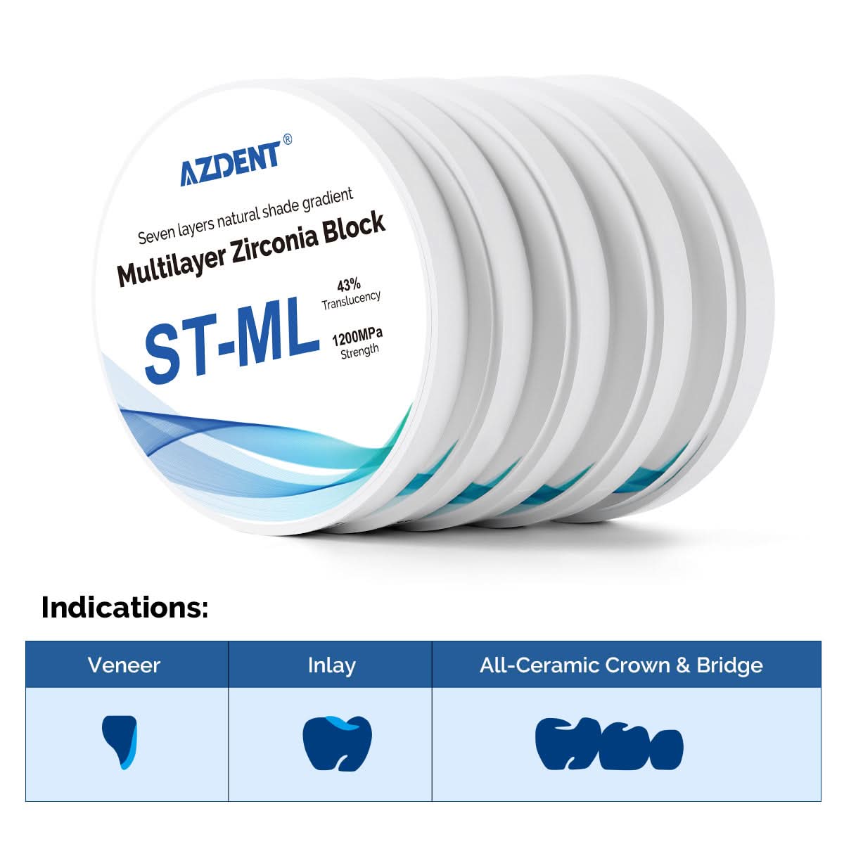Dental ST-ML Multilayer Zirconia Block Super Translucent 98mm Seven Layers Natural Shade Gradient - pairaydental.com
