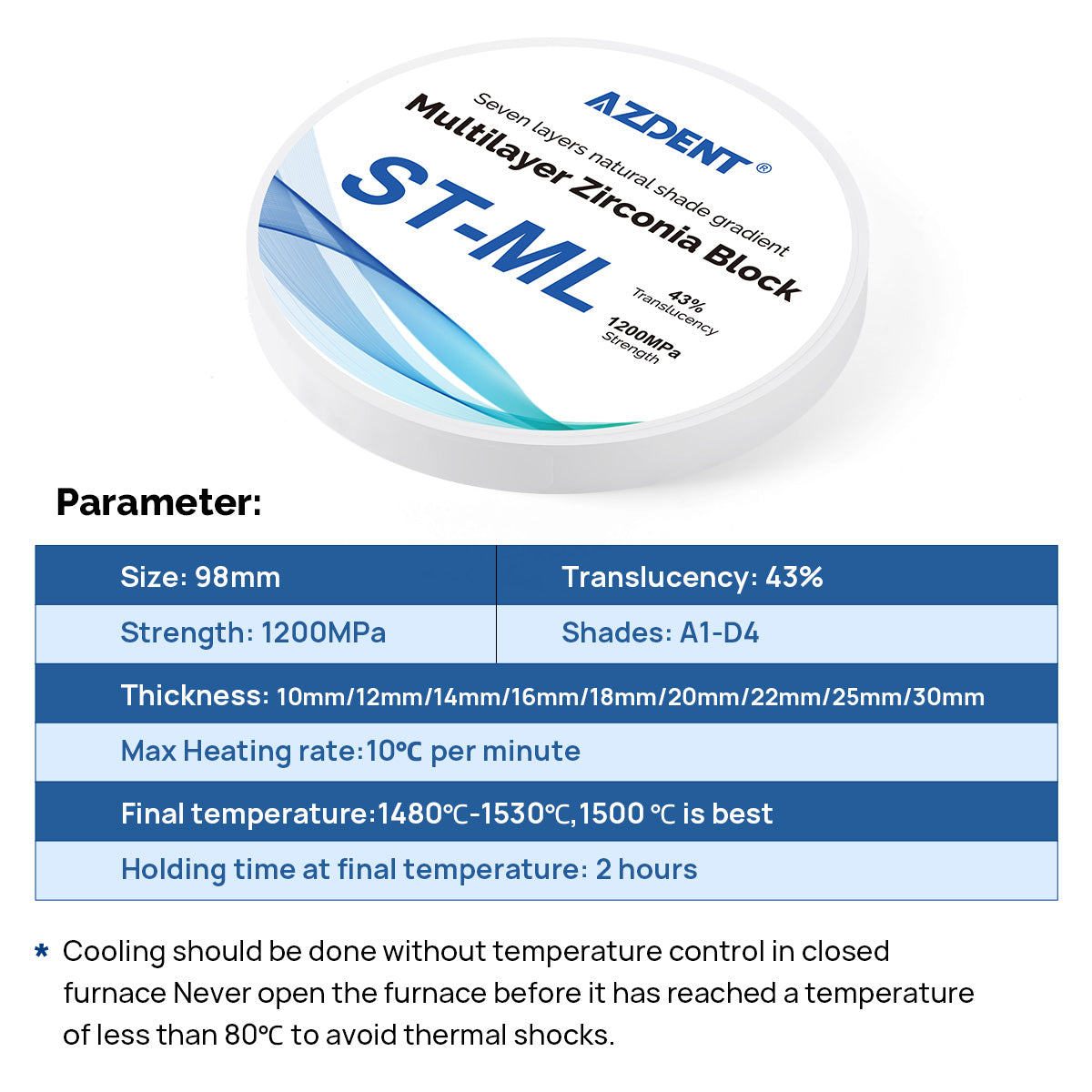 Dental ST-ML Multilayer Zirconia Block Super Translucent 98mm Seven Layers Natural Shade Gradient - pairaydental.com