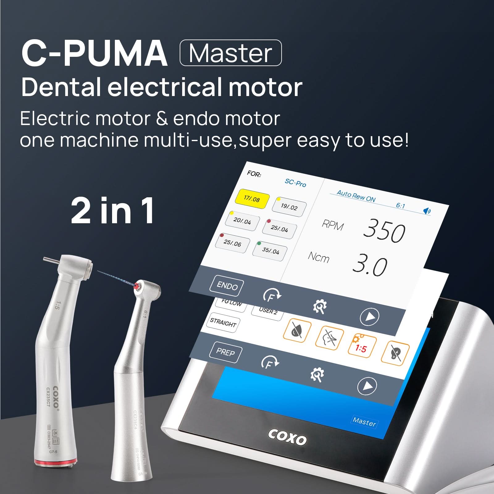 COXO C PUMA Master Dental Electric and Endo Motor 6:1 /1:5 Contra Angle Handpieces #C-PUMA MASTER - pairaydental.com