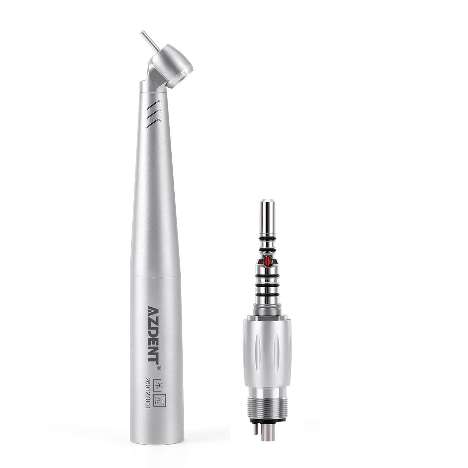 LED Fiber Optic 45° High Speed Handpiece Titanium Mini Head Four Water Spray Push Button & 4/6 Holes Quick Coupler- pairaydental.com