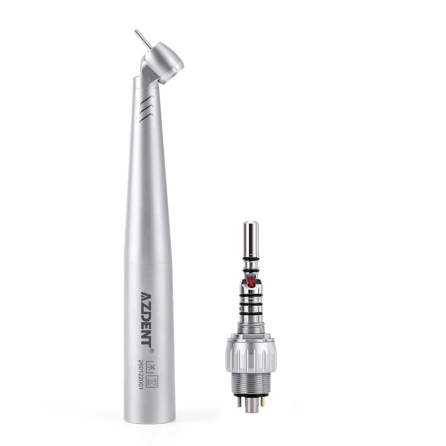 LED Fiber Optic 45° High Speed Handpiece Titanium Mini Head Four Water Spray Push Button & 4/6 Holes Quick Coupler- pairaydental.com