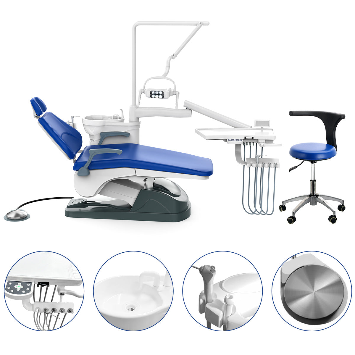 Dental Chair Unit Computer Controlled with Stool Sapphire Blue Hard Leather