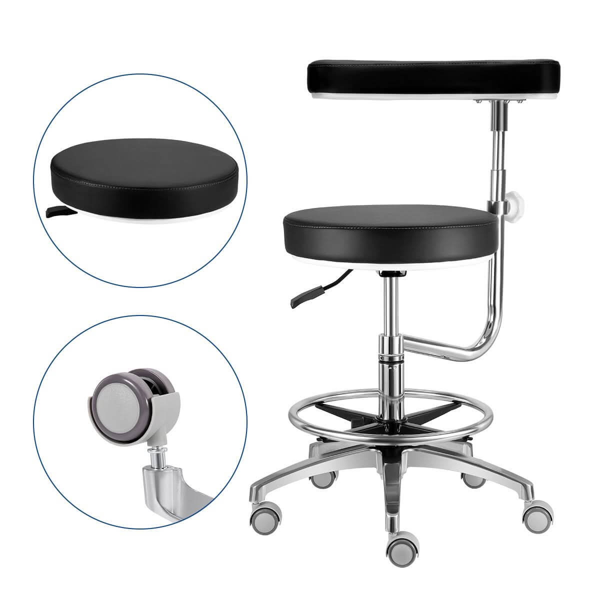 Dental Assistant Stool Chair Armrest Height Adjustable 360° Rotated Black - pairaydental.com
