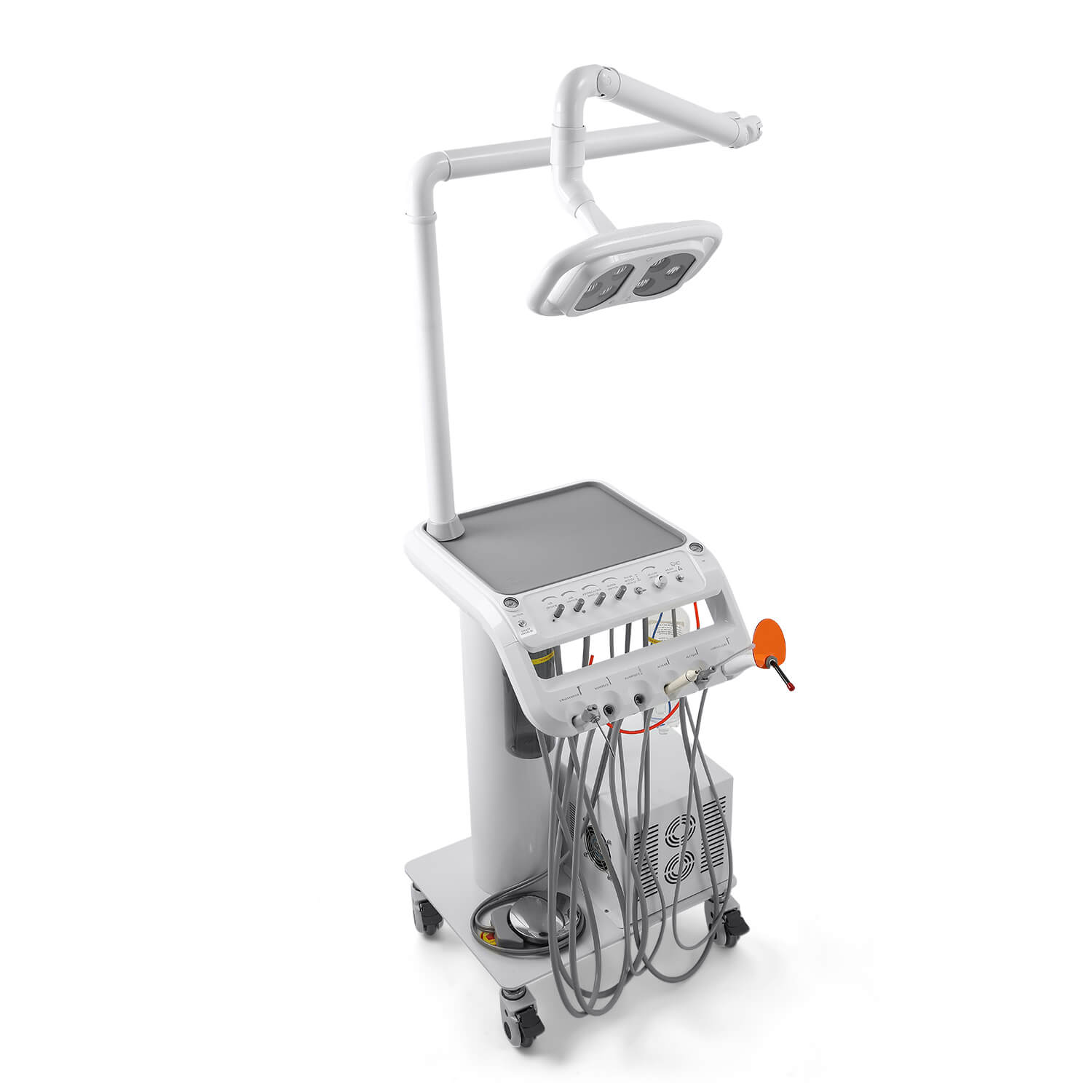 Portable Mobile Dental Cart with T6 LED Lamp & Integrated Compressor 4-Hole Built-in Woodpecker Scaler & Curing Light - pairaydental.com