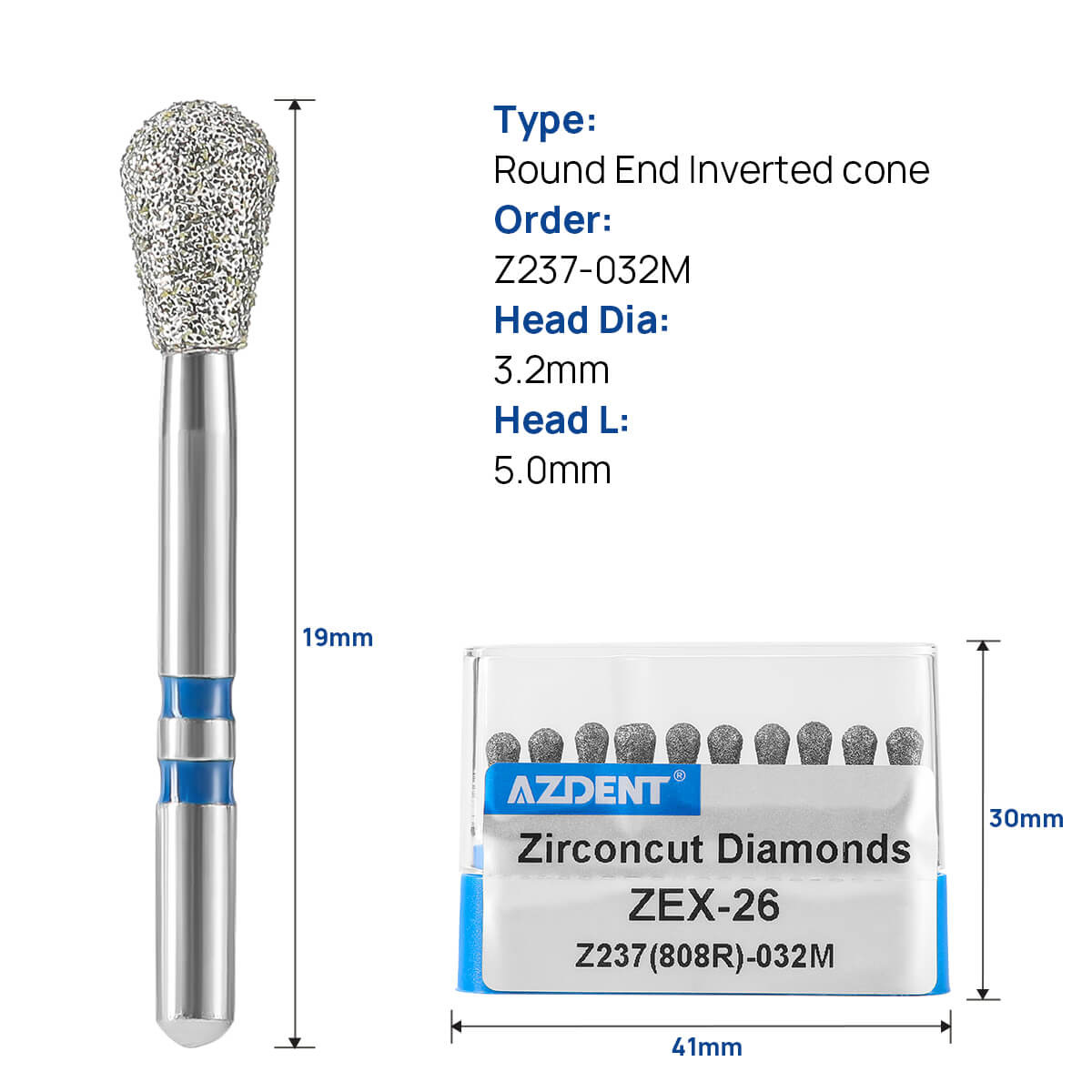 Dental Diamond Burs ZEX-26 (808R-032M) for Zirconia/Ceramic Prep 10pcs/Box - pairaydental.com