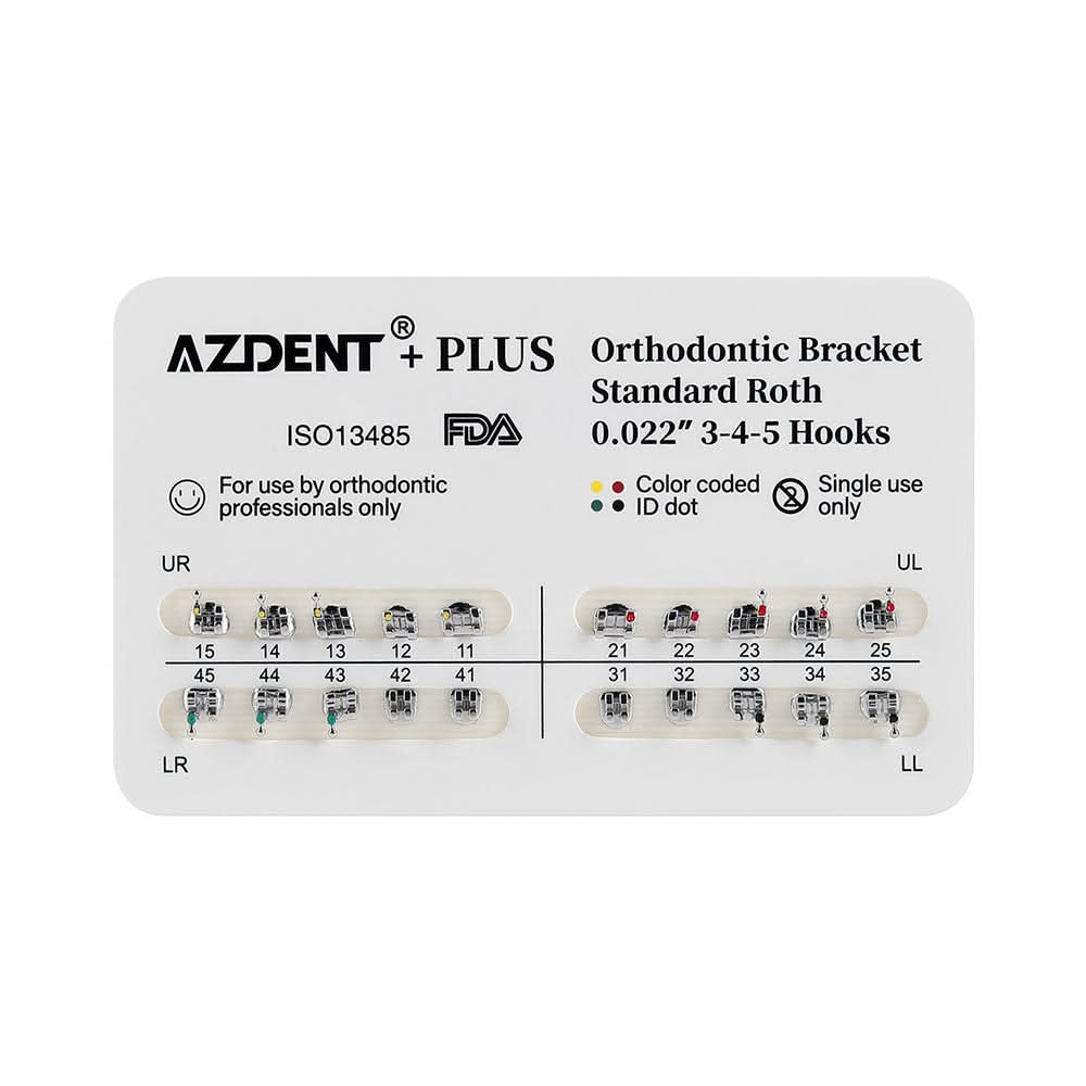 AZDENT PLUS Orthodontic Brackets Standard Roth/MBT 0.022"/0.018" with 3/3-4-5 Hooks - pairaydental.com