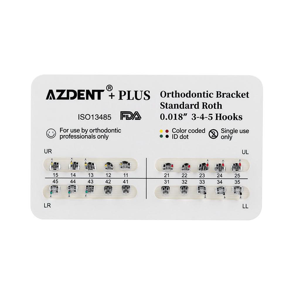 AZDENT PLUS Orthodontic Brackets Standard Roth/MBT 0.022"/0.018" with 3/3-4-5 Hooks - pairaydental.com