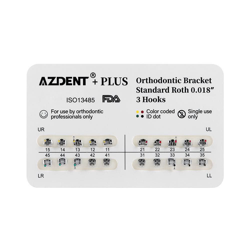 AZDENT PLUS Orthodontic Brackets Standard Roth/MBT 0.022"/0.018" with 3/3-4-5 Hooks - pairaydental.com