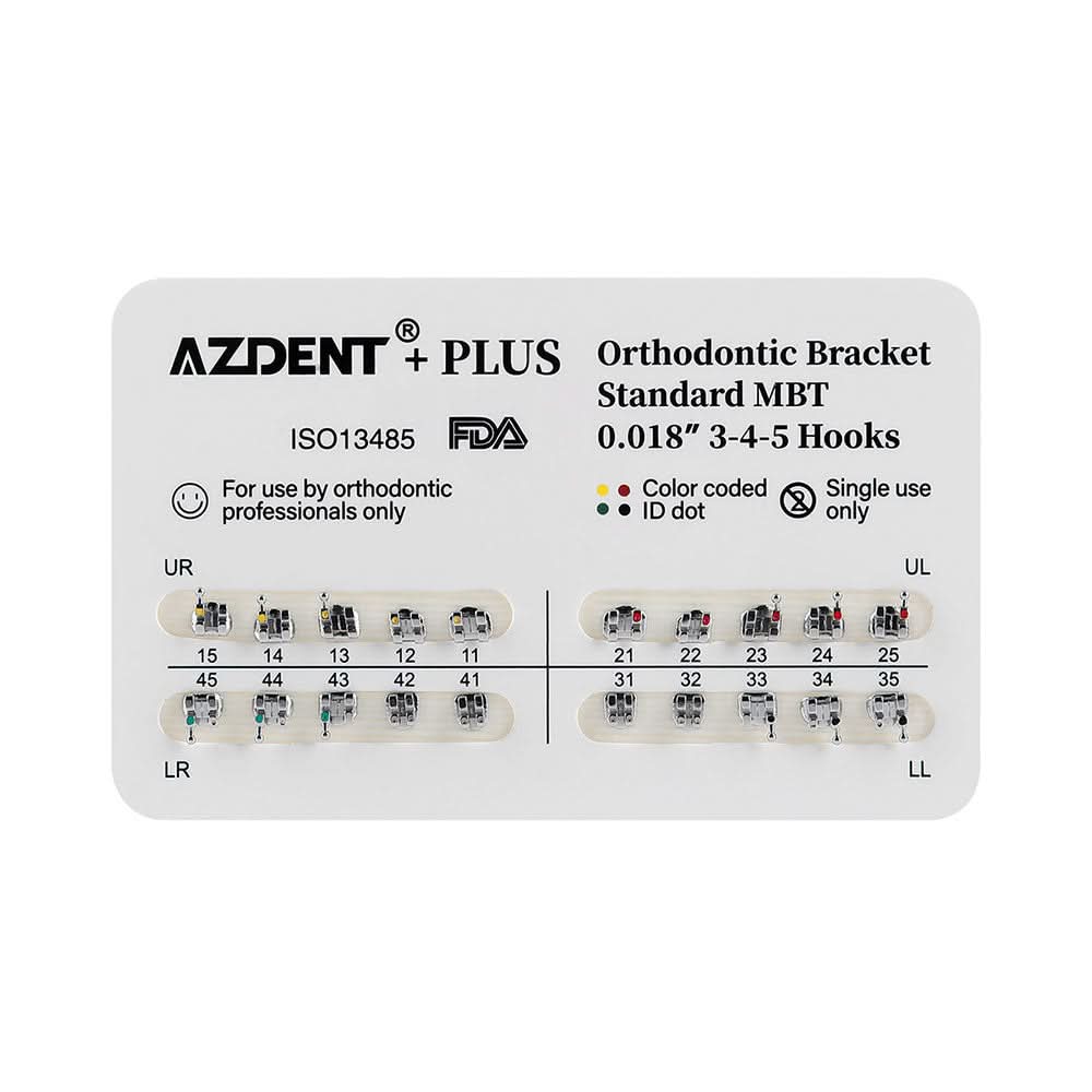 AZDENT PLUS Orthodontic Brackets Standard Roth/MBT 0.022"/0.018" with 3/3-4-5 Hooks - pairaydental.com