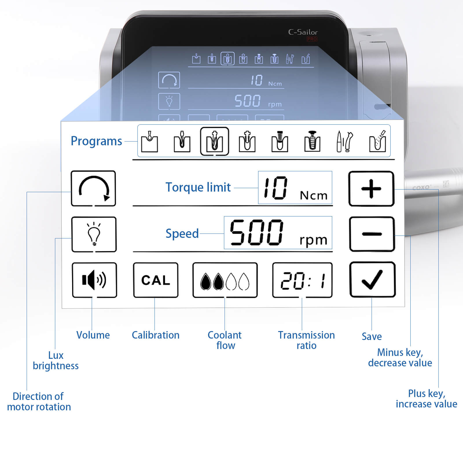 COXO Dental Implant Motor With 20:1 Fiber Optic Contra Angle Handpiece 7" Touch Screen #C-SAILOR PRO - pairaydental.com