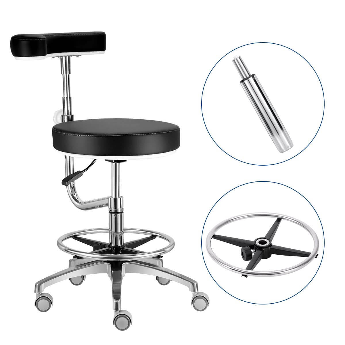 Dental Assistant Stool Chair Armrest Height Adjustable 360° Rotated Black - pairaydental.com