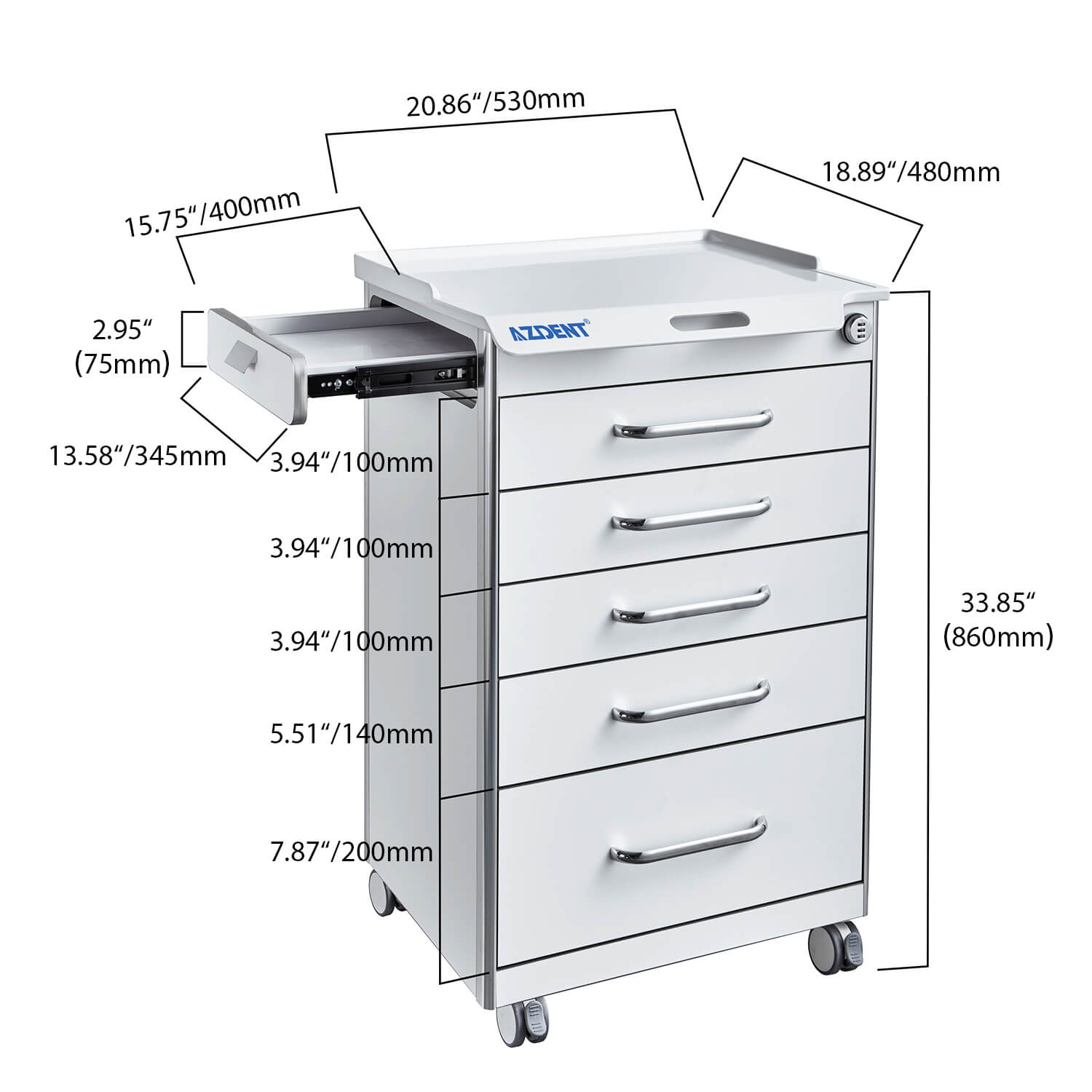 Dental Mobile Cabinet Cart with Hidden Side Auxiliary Drawer Power Socket 5 Drawers - pairaydental.com