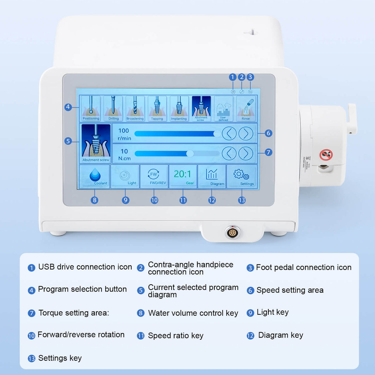 Dental Surgical Implant Motor Touch Screen With 20:1 Fiber Optic Contra Angle Handpiece - pairaydental.com