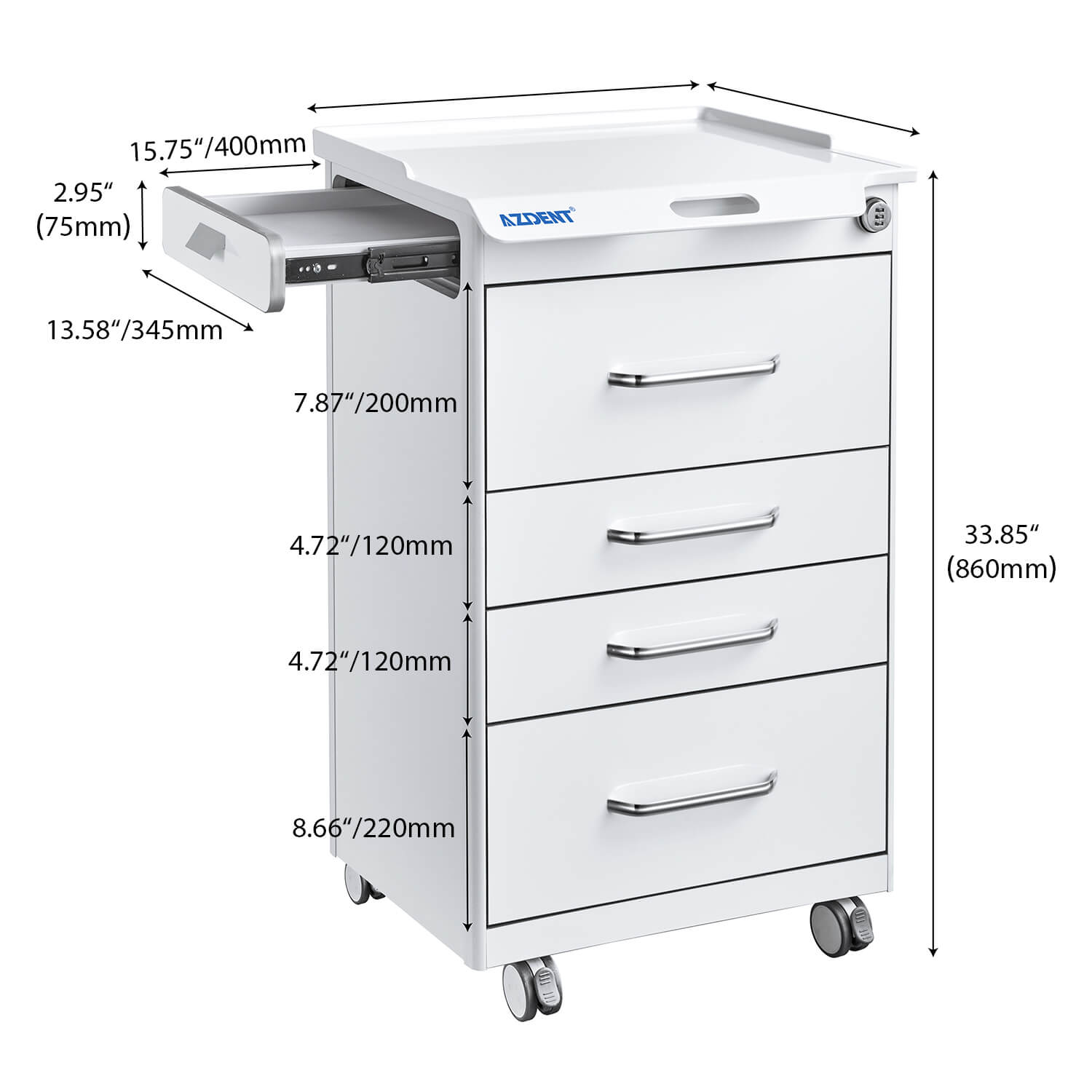 Dental Mobile Cabinet Cart with Hidden Side Auxiliary Drawer Power Socket 4 Drawers - pairaydental.com