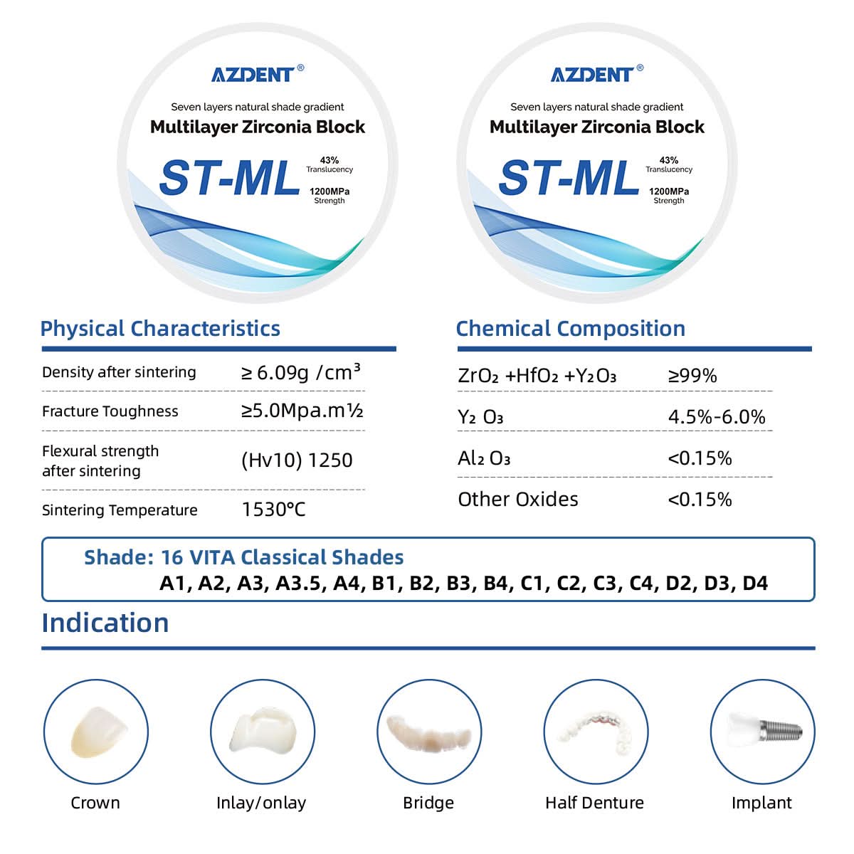 Dental ST-ML Multilayer Zirconia Block Super Translucent 98mm Seven Layers Natural Shade Gradient - pairaydental.com