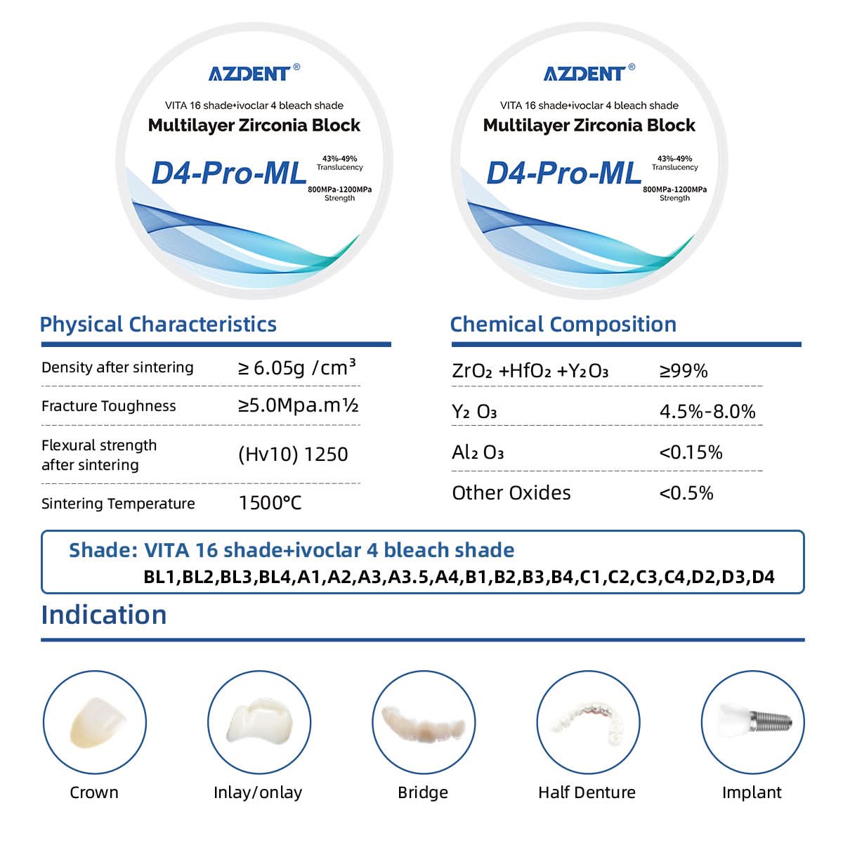 Dental D4-Pro-ML Multilayer Zirconia Block 98mm Five Layers Natural Shade Gradient - pairaydental.com