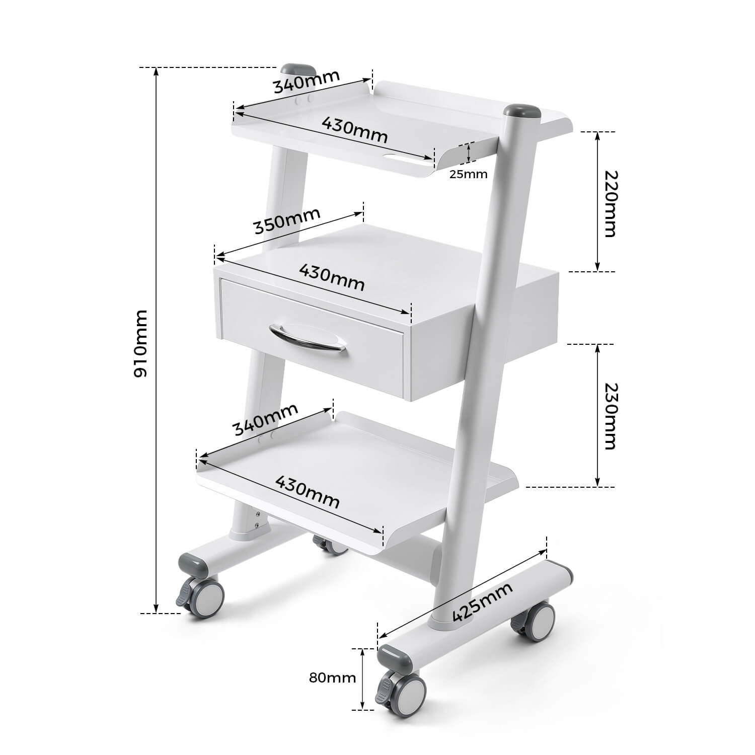 Dental Medical Mobile 3-layer Trolley Metal Built-in Socket Cart - pairaydental.com