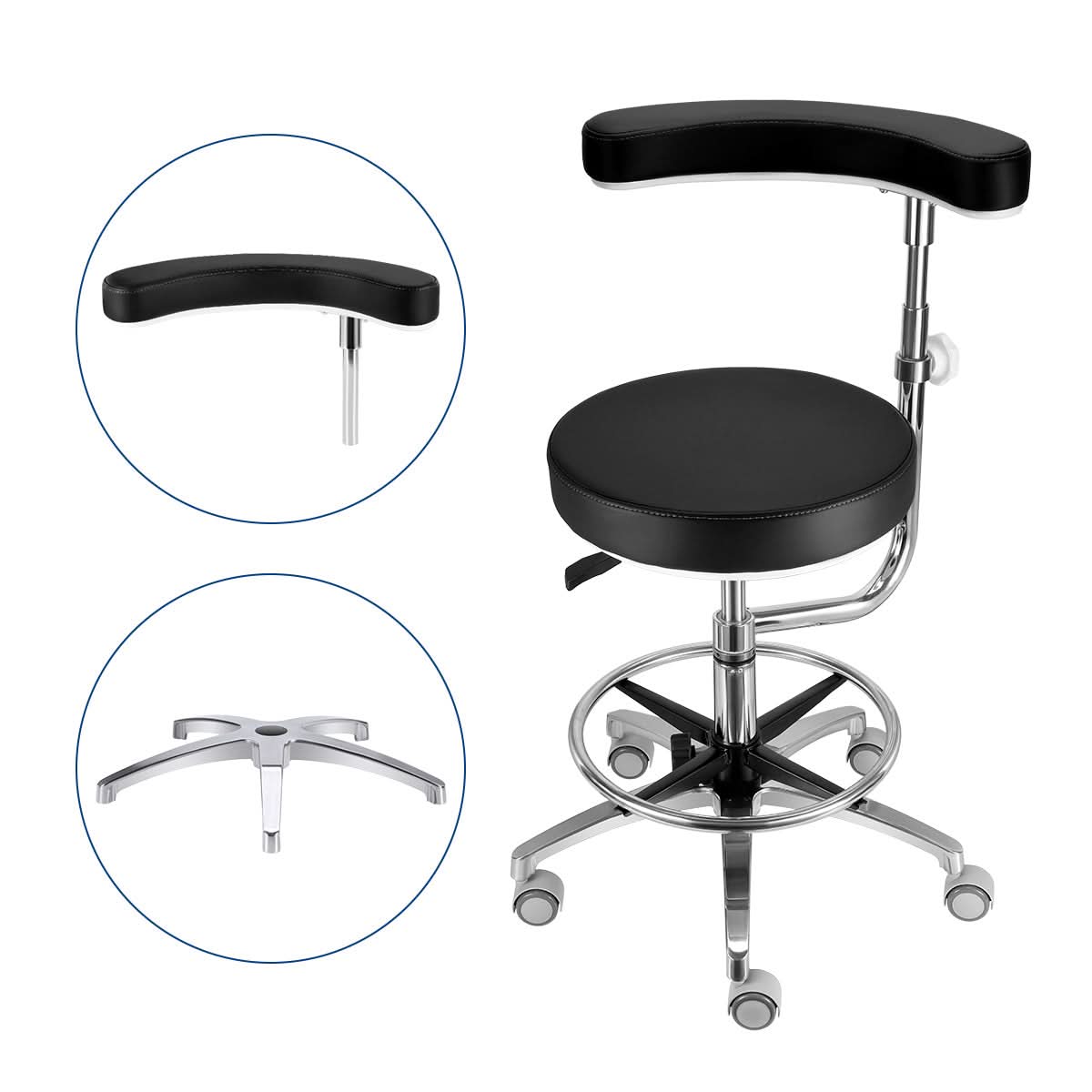Dental Assistant Stool Chair Armrest Height Adjustable 360° Rotated Black - pairaydental.com