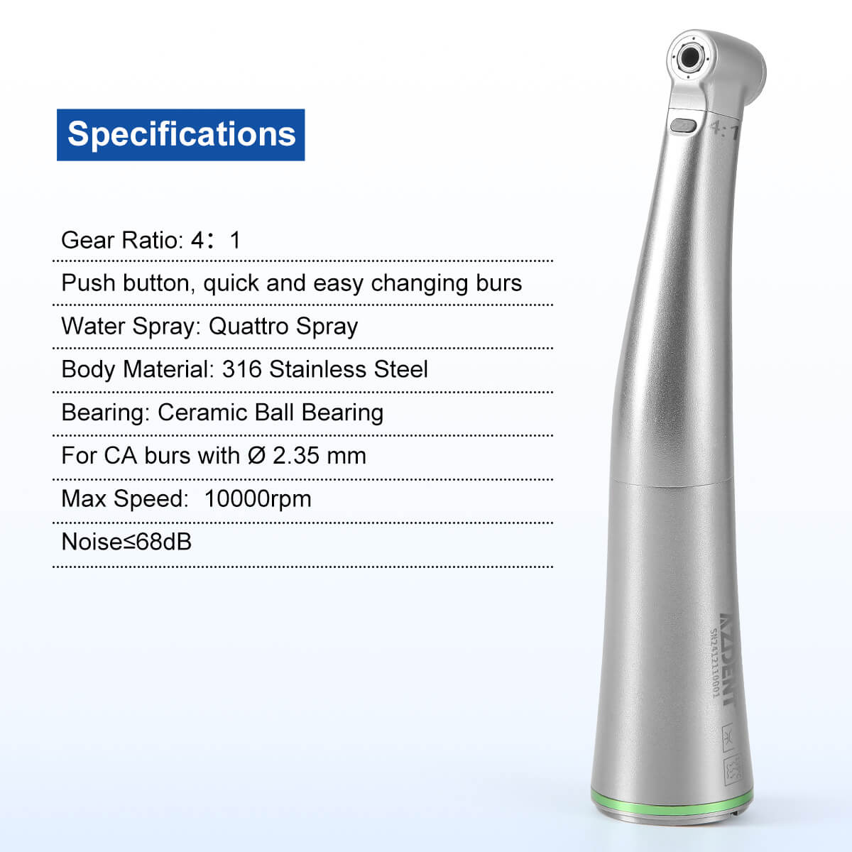 4:1 Fiber Optic Contra Angle Handpiece Mini Head Internal Channel Quattro Spray - pairaydental.com