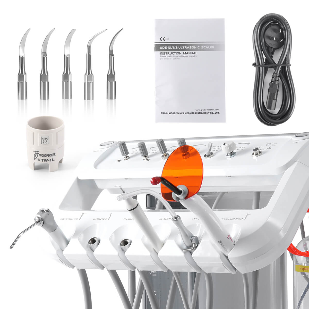 Dental Portable Delivery Unit Cart with Air Compressor Built-in Woodpecker Ultrasonic Scaler & Curing Light - pairaydental.com