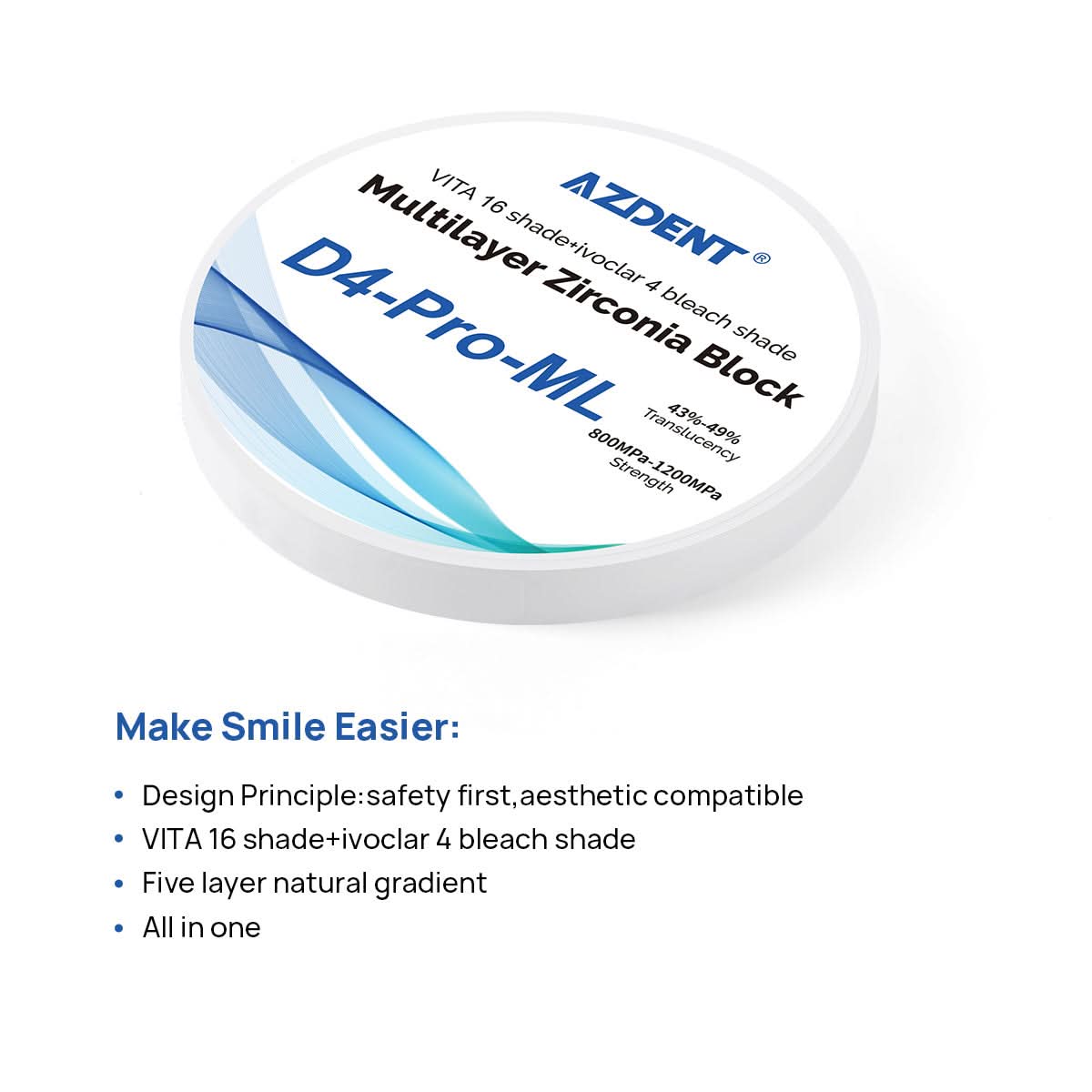 Dental D4-Pro-ML Multilayer Zirconia Block 98mm Five Layers Natural Shade Gradient - pairaydental.com